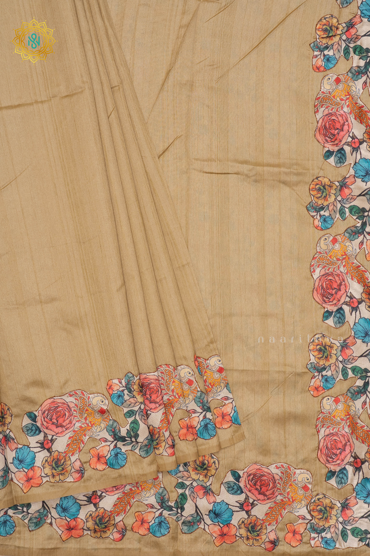 BEIGE WITH OFF WHITE - SEMI TUSSAR WITH APPLIQUE WORK