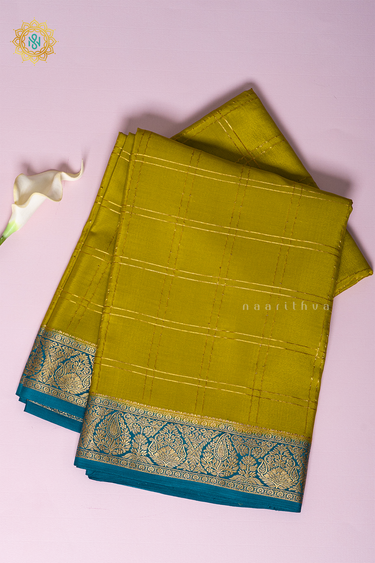 LEMON GREEN WITH PEACOCK BLUE - PURE MYSORE CREPE SILK