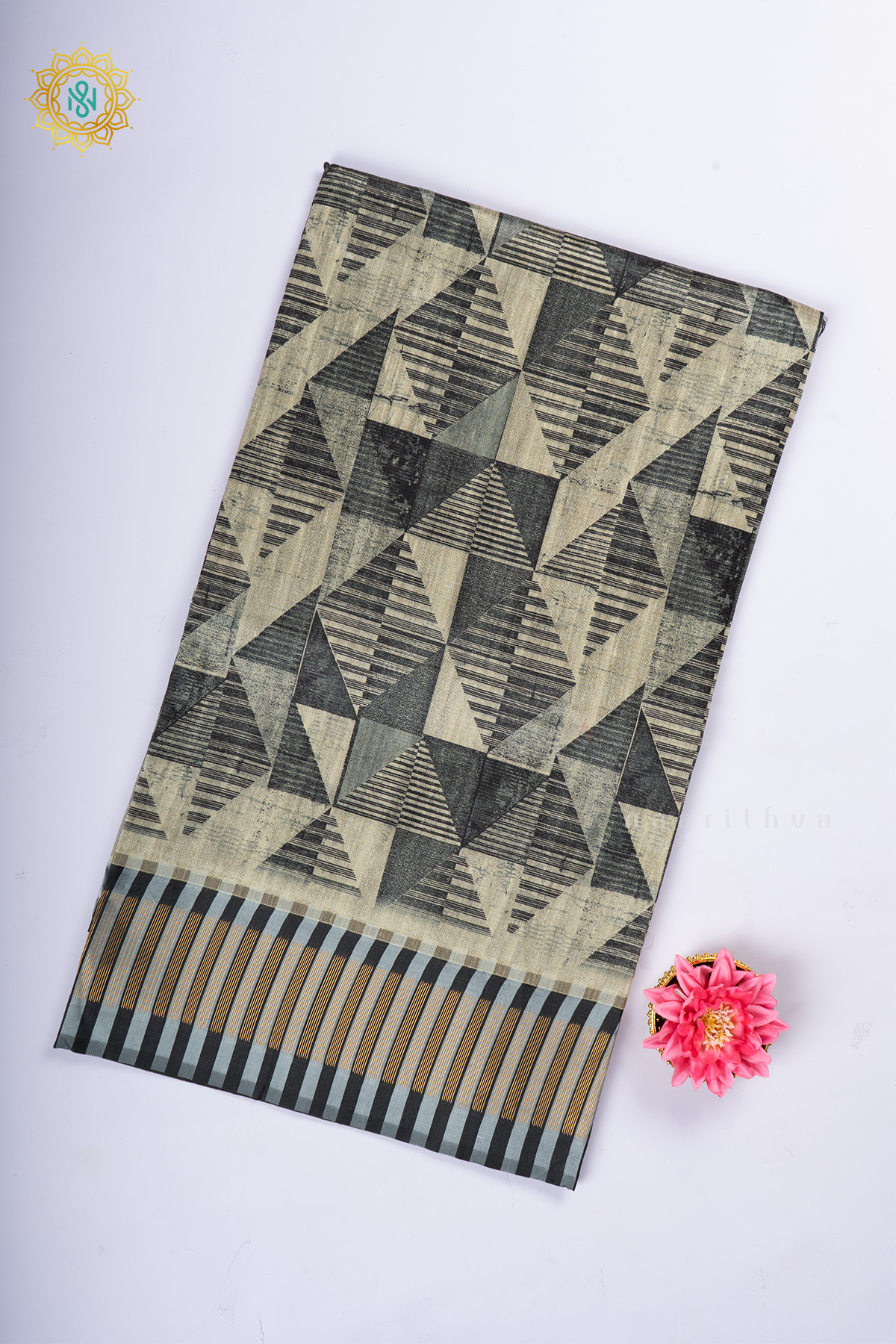 Black Semi Tussar Silk With Printed Body With Zari Border & Pallu