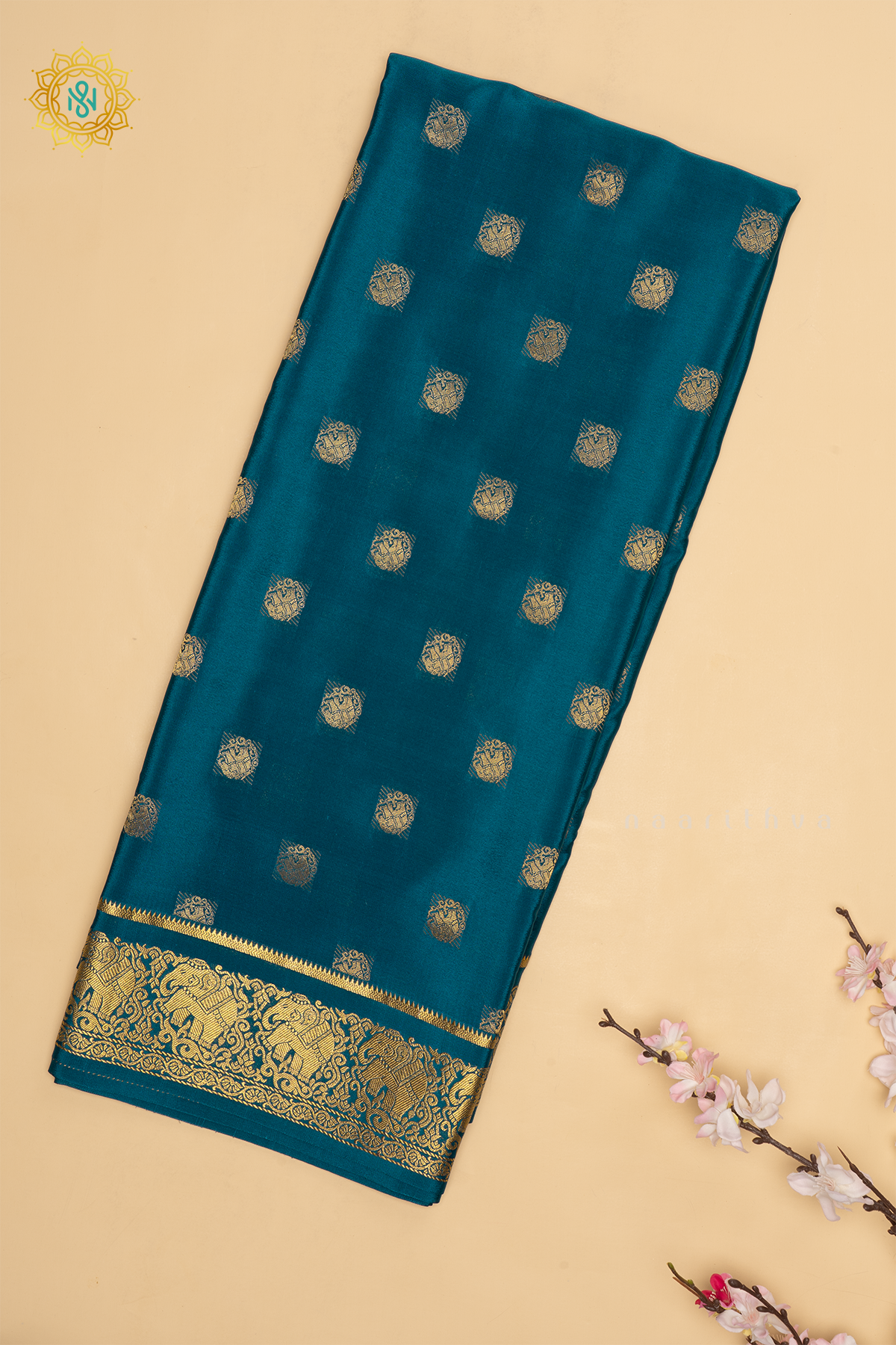 Blue Pure Mysore Crepe Silk Saree With Zari Buttas On The Body and Zari Border