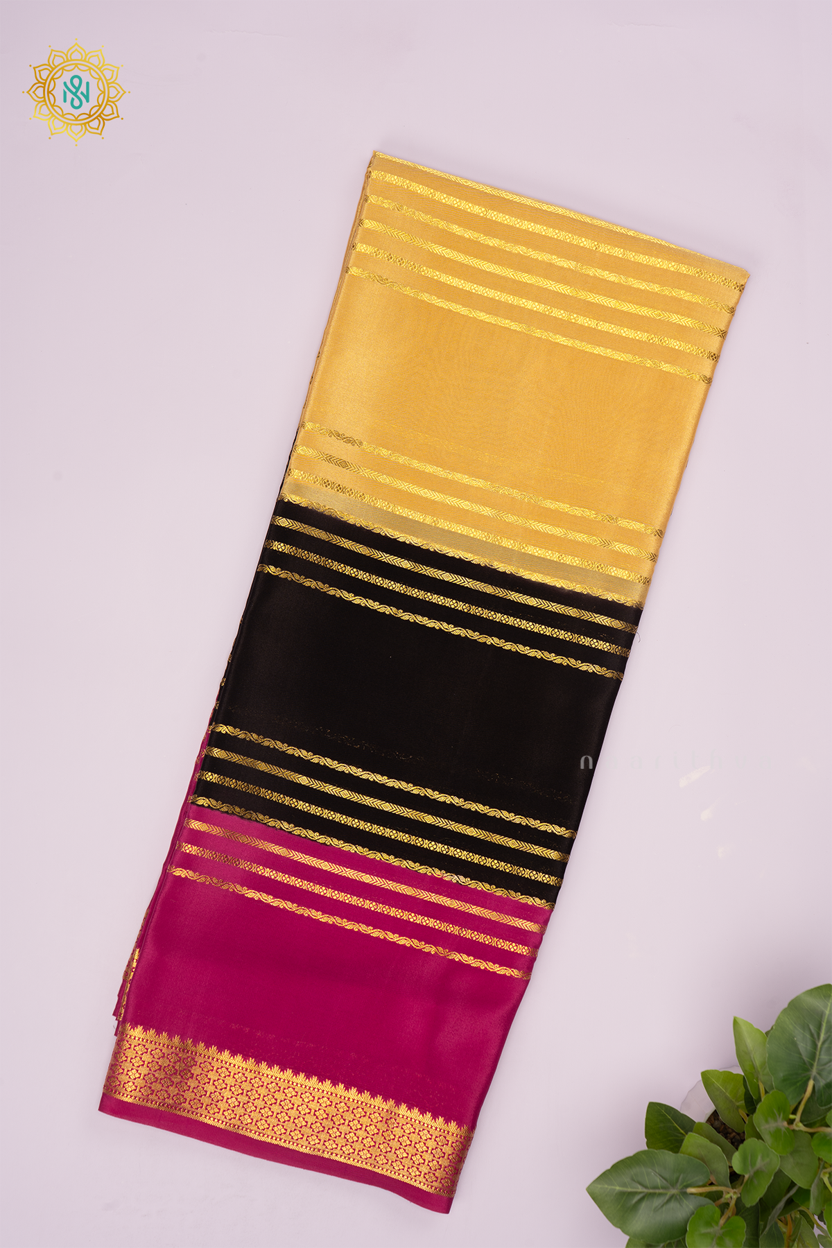 LIGHT BISCUIT WITH BLACK AND MAGENTA - PURE MYSORE CREPE SILK