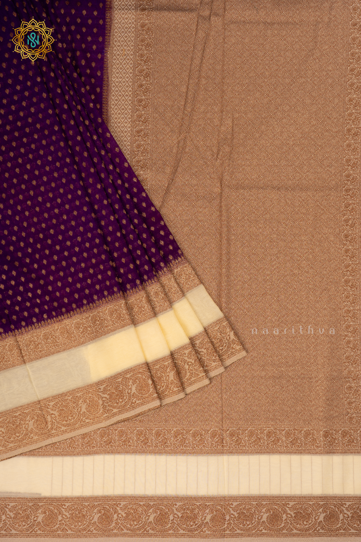 Purple With Off White Semi Georgette Saree With Zari Buttas All Over And Contrast Zari Gap Border