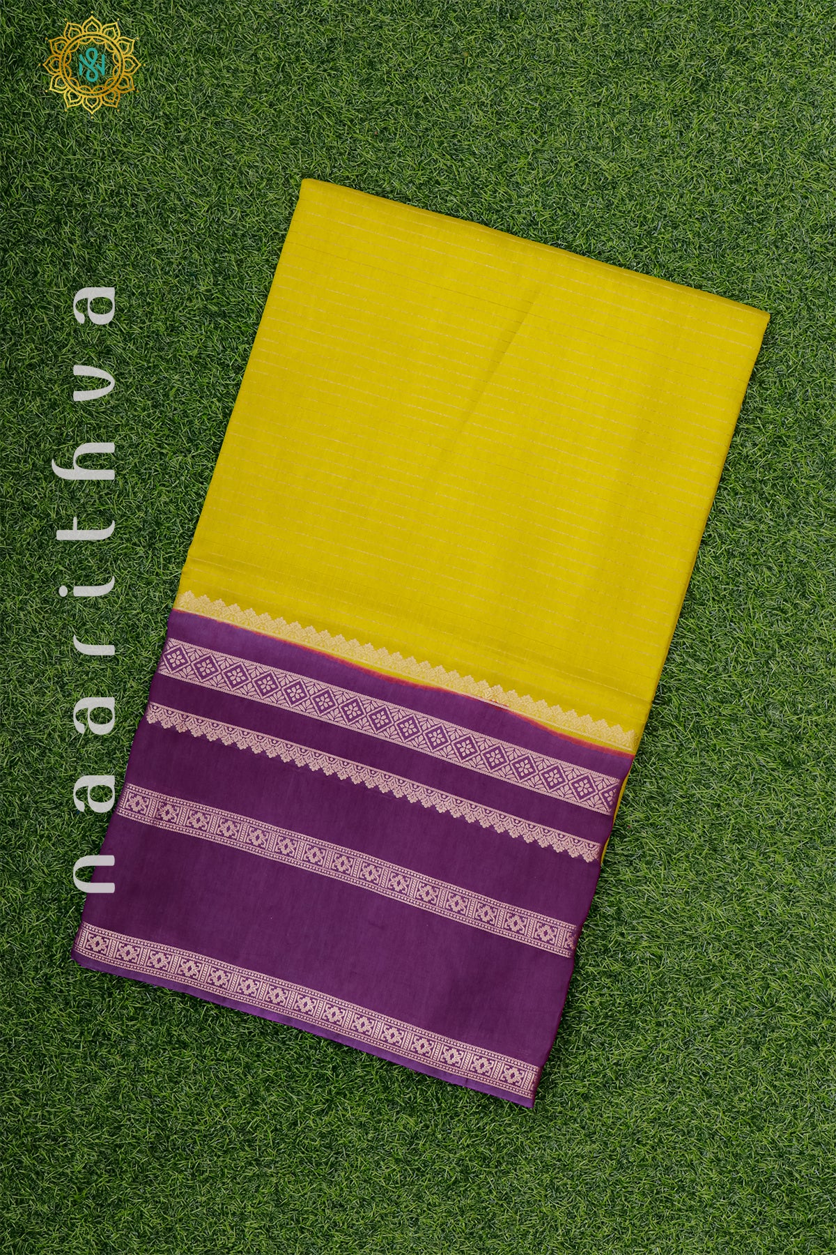 Lemon Yellow With Purple Dola Silk Saree With Zari Stripes On The Body And Contrast Zari Border