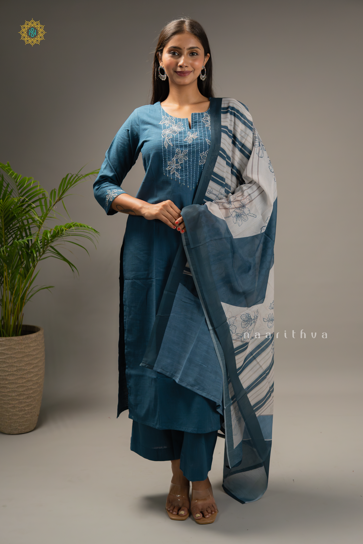 PEACOCK BLUE - COTTON 3PC SALWAR SUIT WITH TOP, BOTTOM & DUPATTA