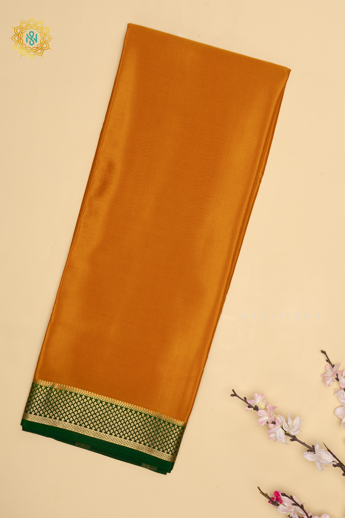 MUSTARD YELLOW WITH BOTTLE GREEN - PURE MYSORE CREPE SILK SAREE