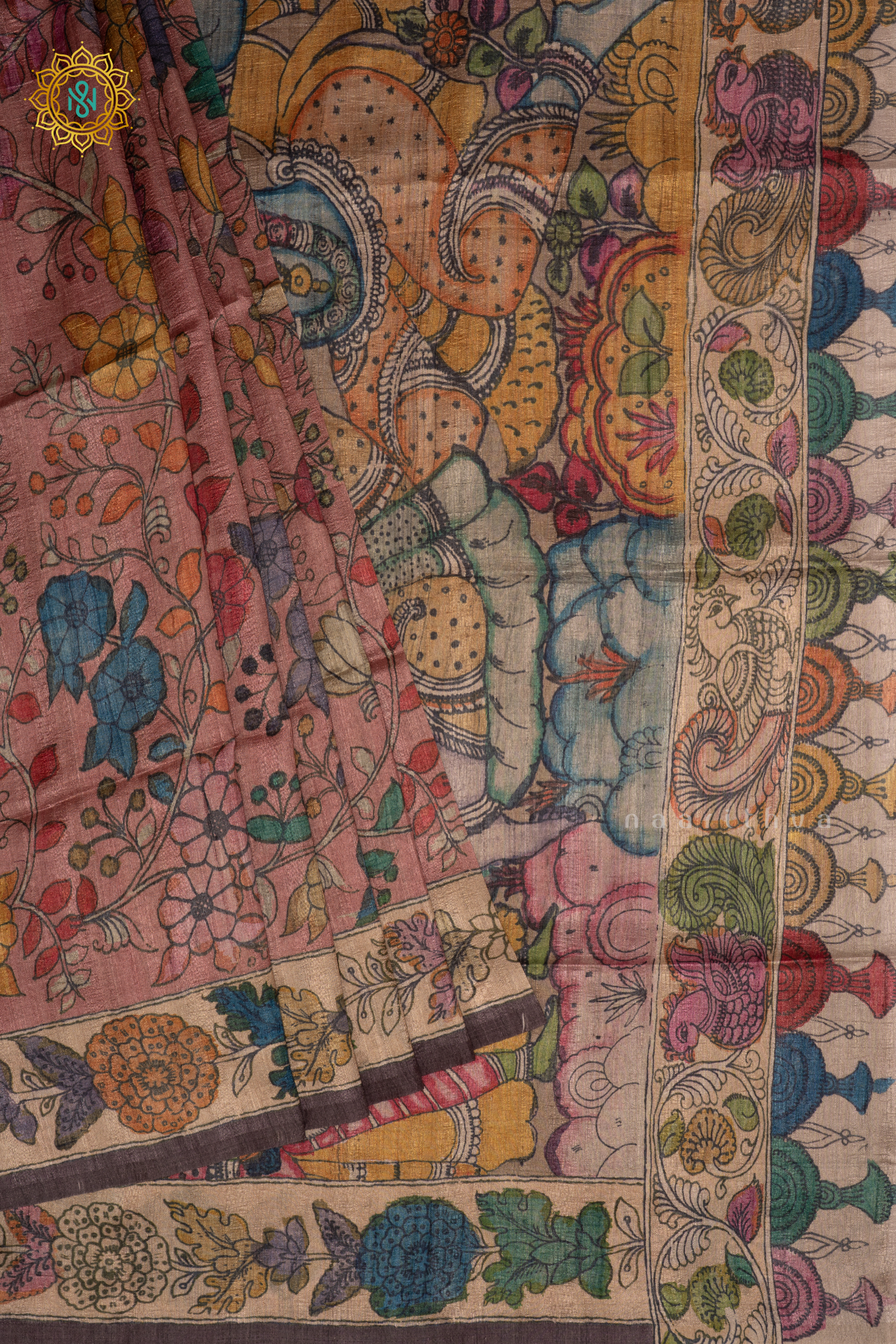 PEACH WITH BEIGE - SEMI GICHA TUSSAR SAREE ALLOVER KALAMKARI PRINTED BODY WITH PALLU AND BLOUSE