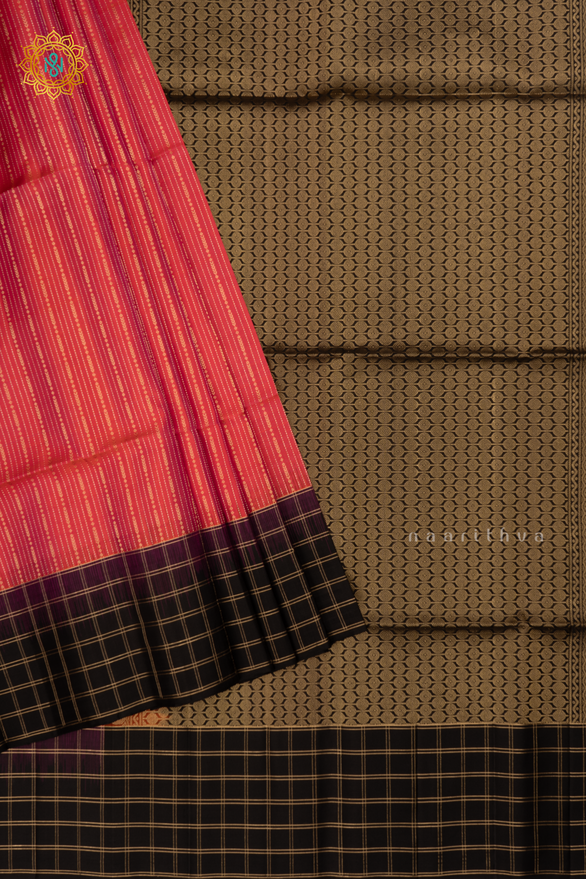 Dual Shade of Rani Pink with Black Pure Kanjivaram Soft Silk Saree With Allover Zari Stripes and Contrast Zari Checks Border