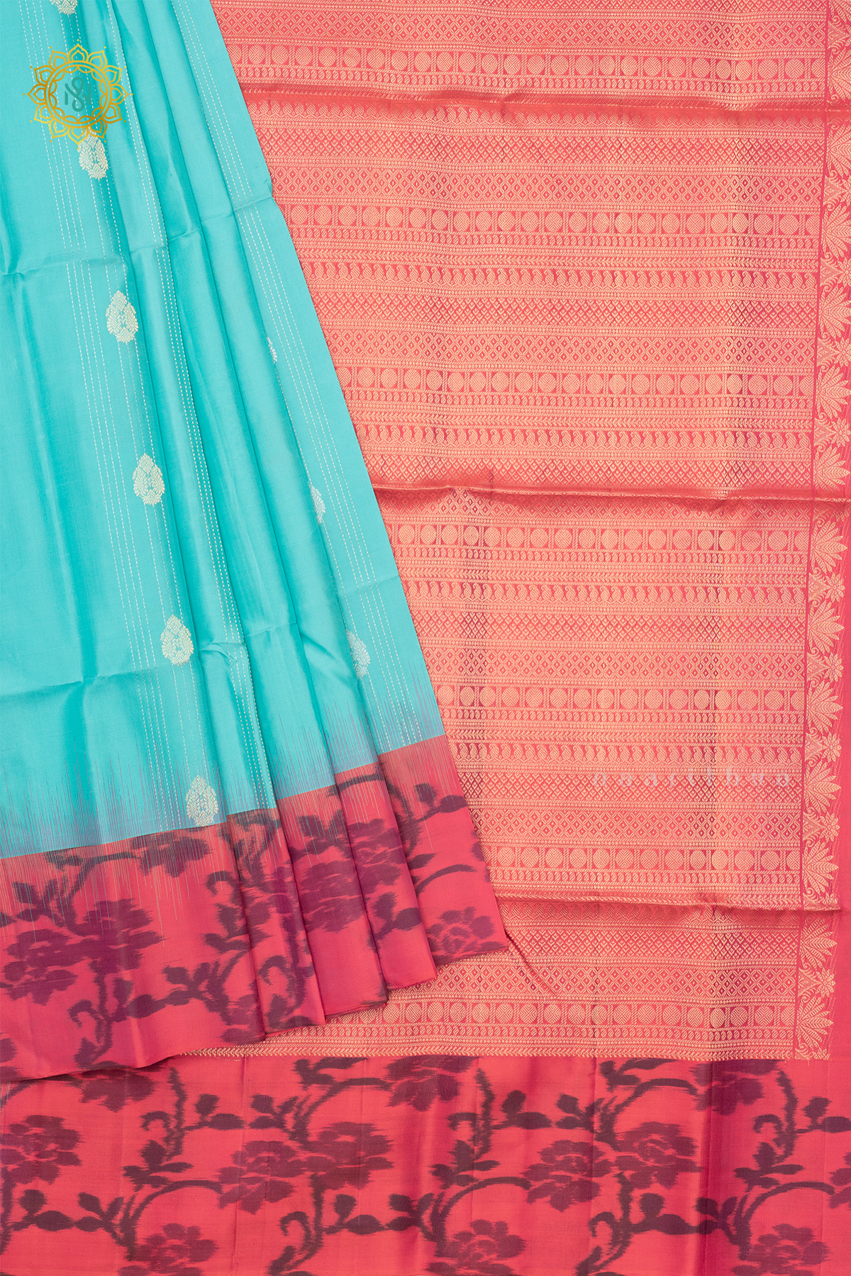 AQUA BLUE WITH DUAL SHADE OF PINK - PURE KANJIVARAM SOFT SILK