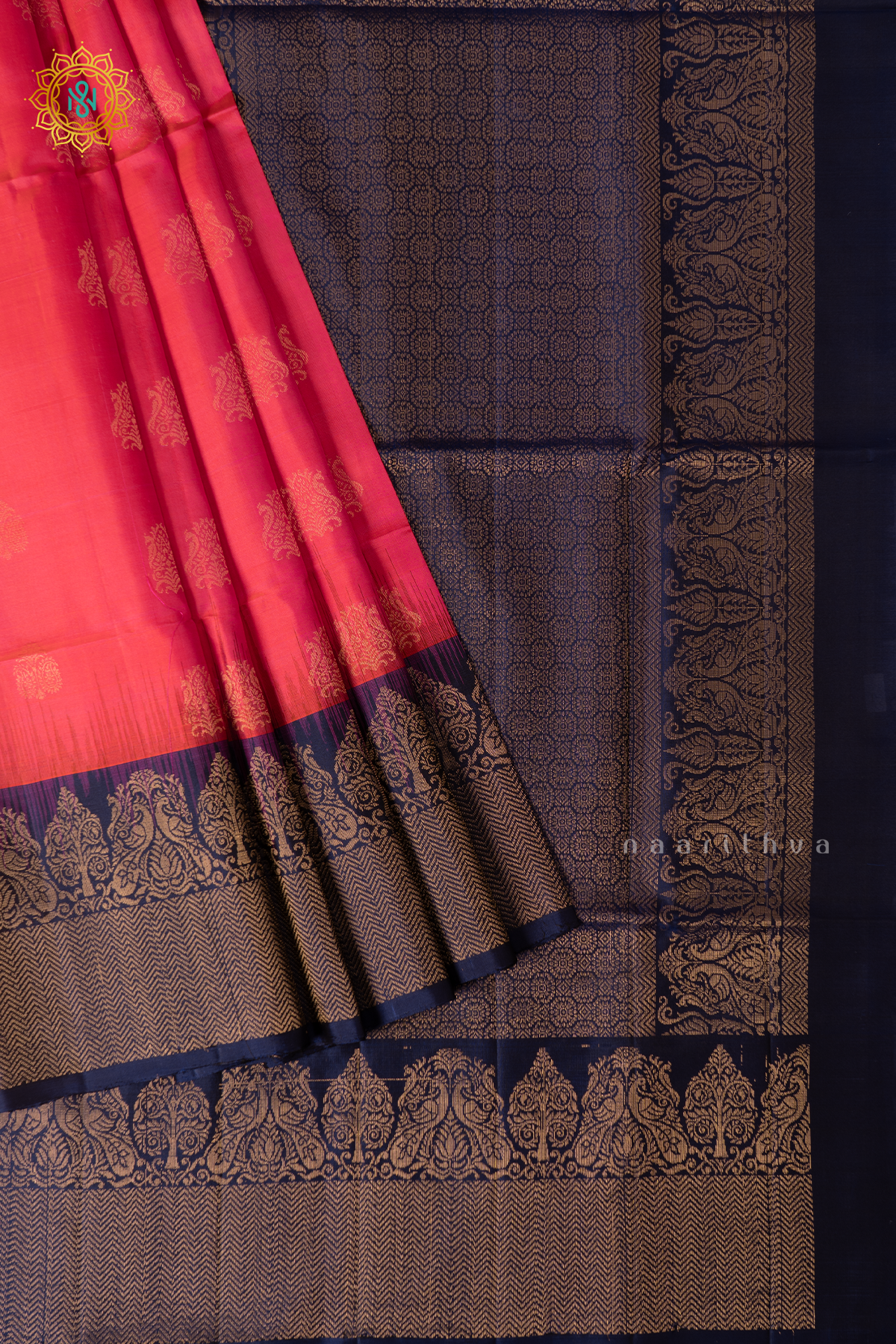 Dual Shade of Pink With Blue Pure Kanjivaram Soft Silk Pure Kanjivaram Soft Silk Saree With Allover Zari Buttas & Contrast Zari Border