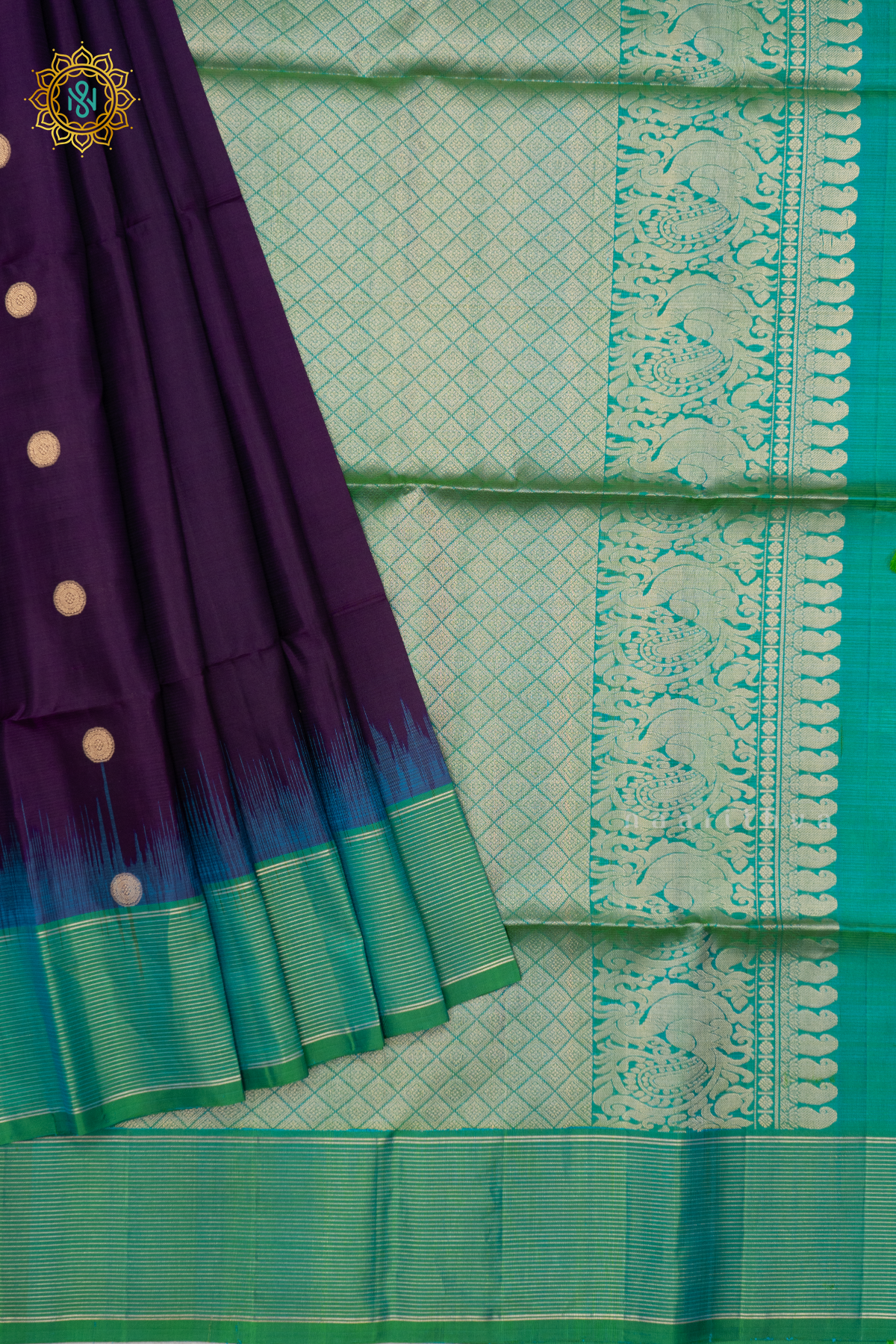 PURPLE WITH AQUA GREEN - PURE KANJIVARAM SOFT SILK