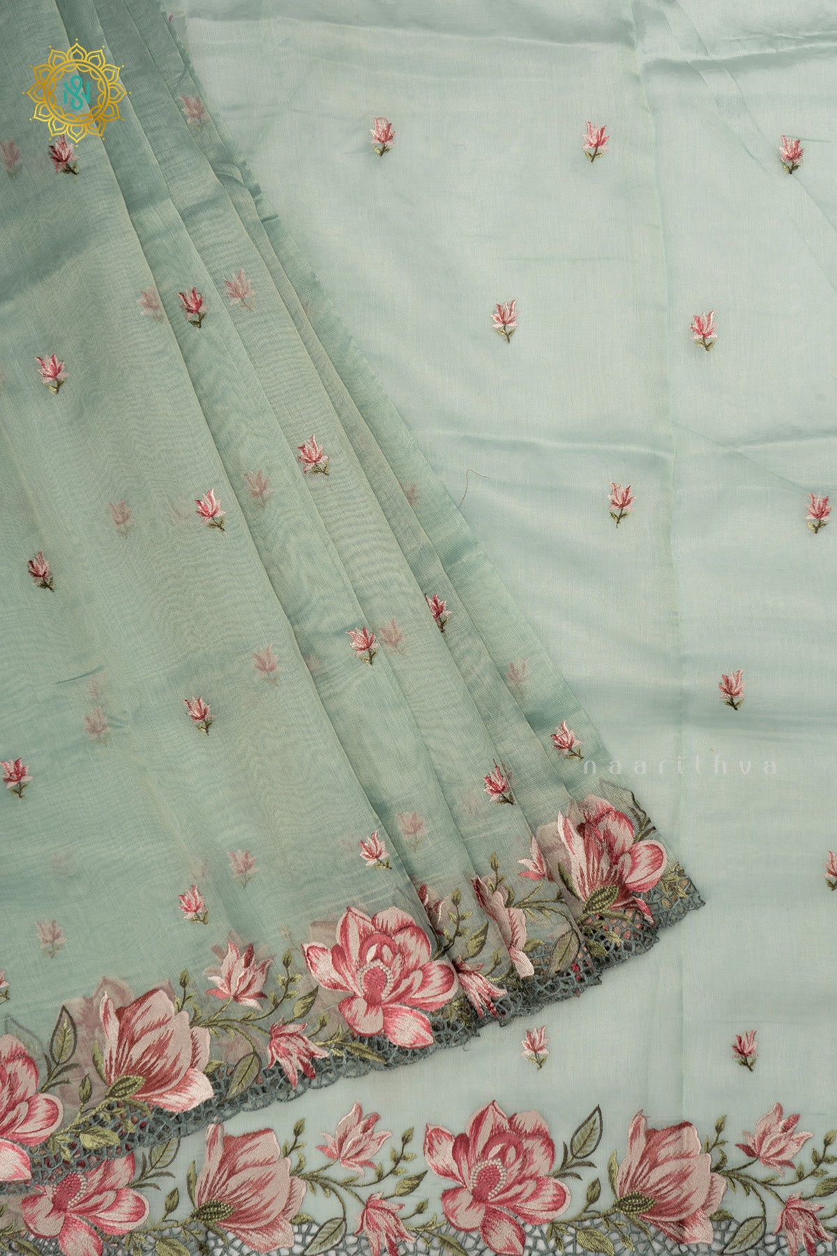 Light Aqua Blue Organza Tissue Saree Allover Embroidery Buttas with Cutwork and Embroidery Border