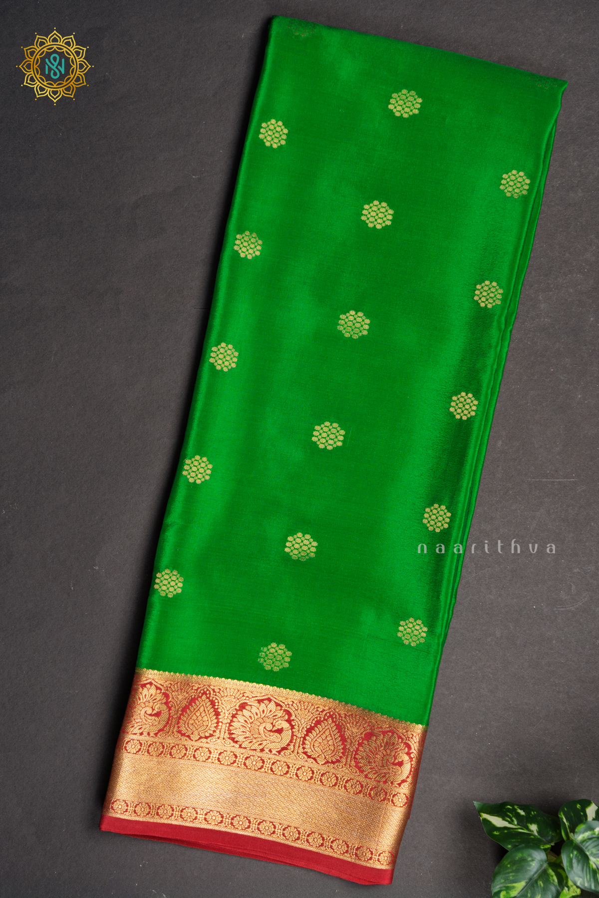 GREEN WITH MAROON - PURE MYSORE CREPE SILK