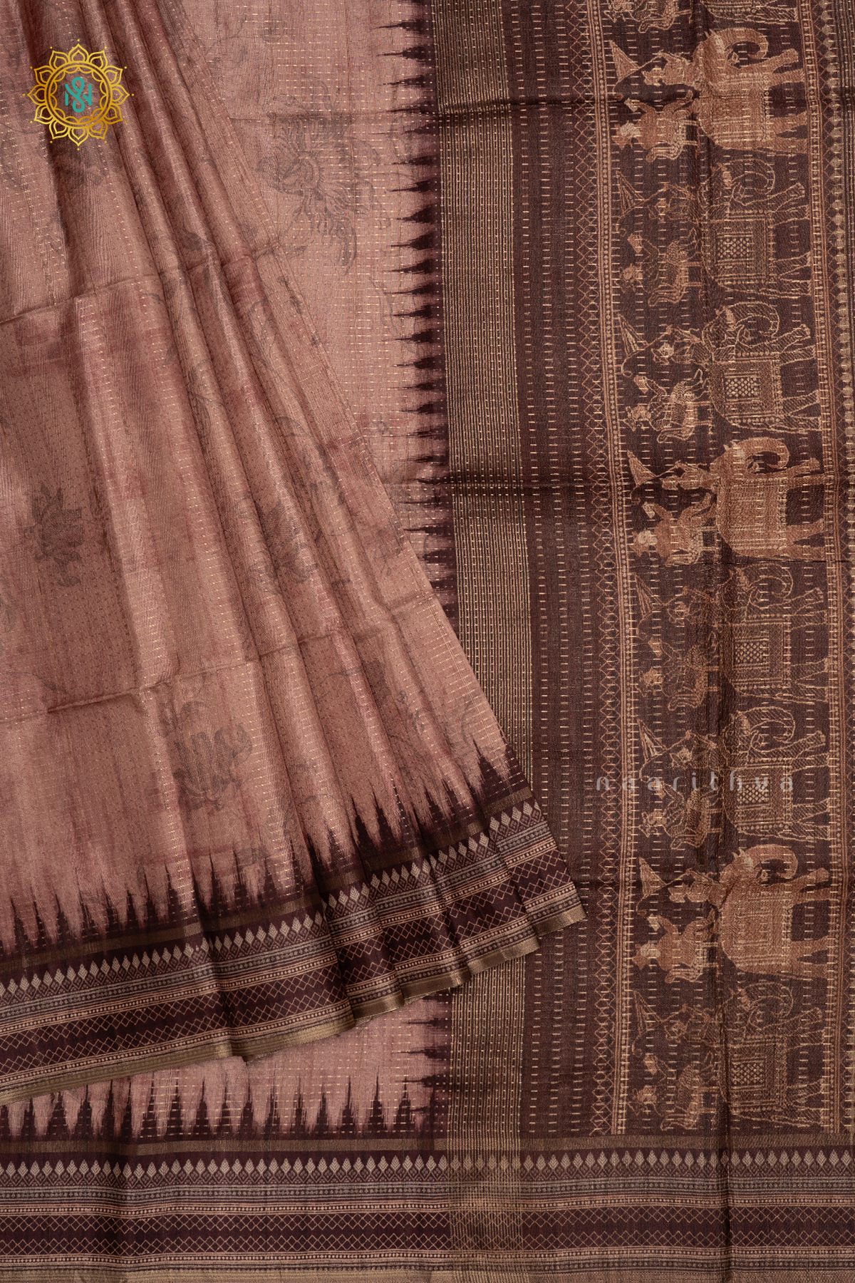 Peach With Brown Semi Tussar Silk Saree With Printed Body, Zari Stripes And Printed Border