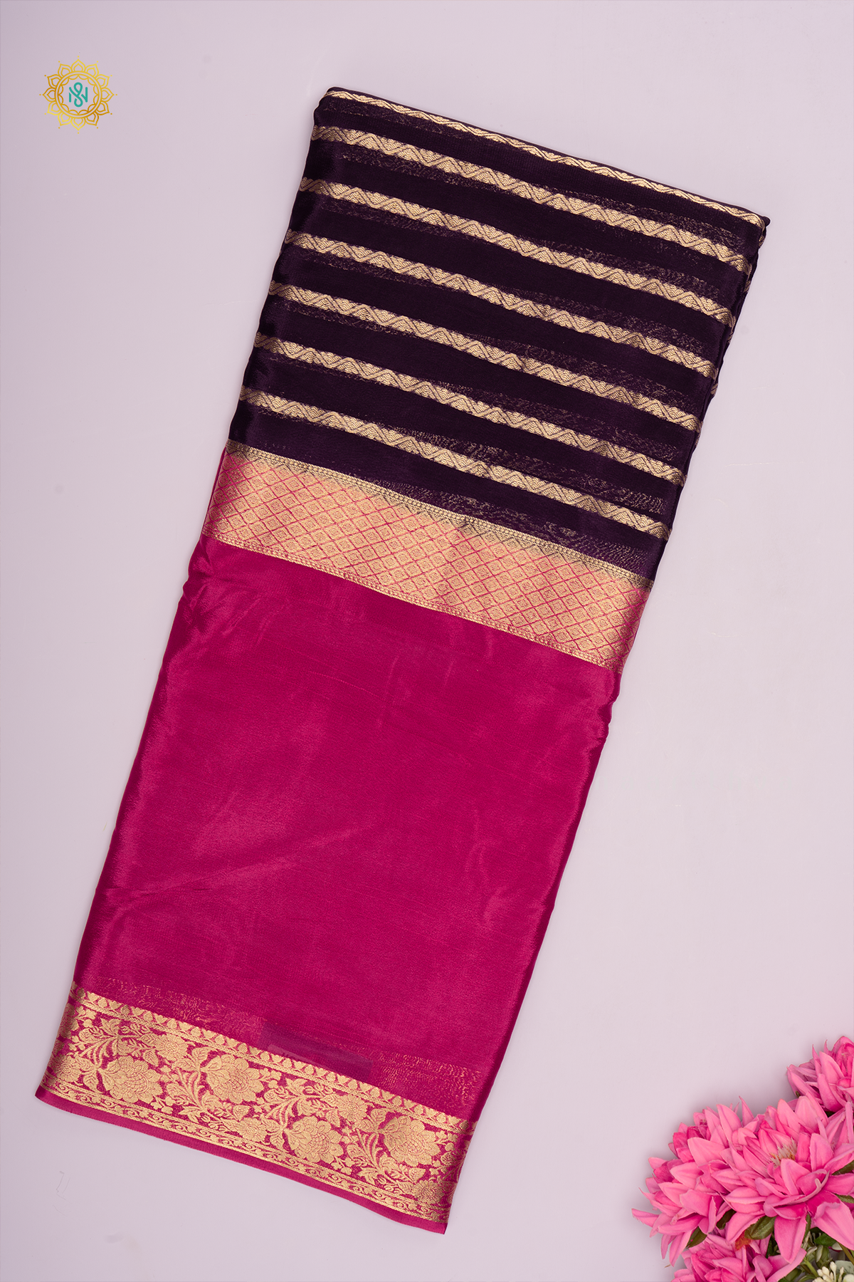 NAVY BLUE WITH PINK - SEMI MYSORE CREPE SILK
