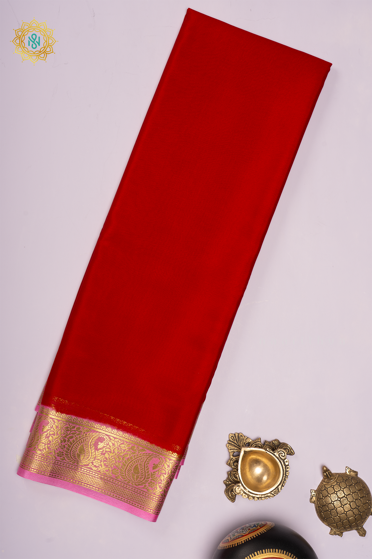 RED WITH LIGHT PINK - PURE MYSORE CREPE SILK