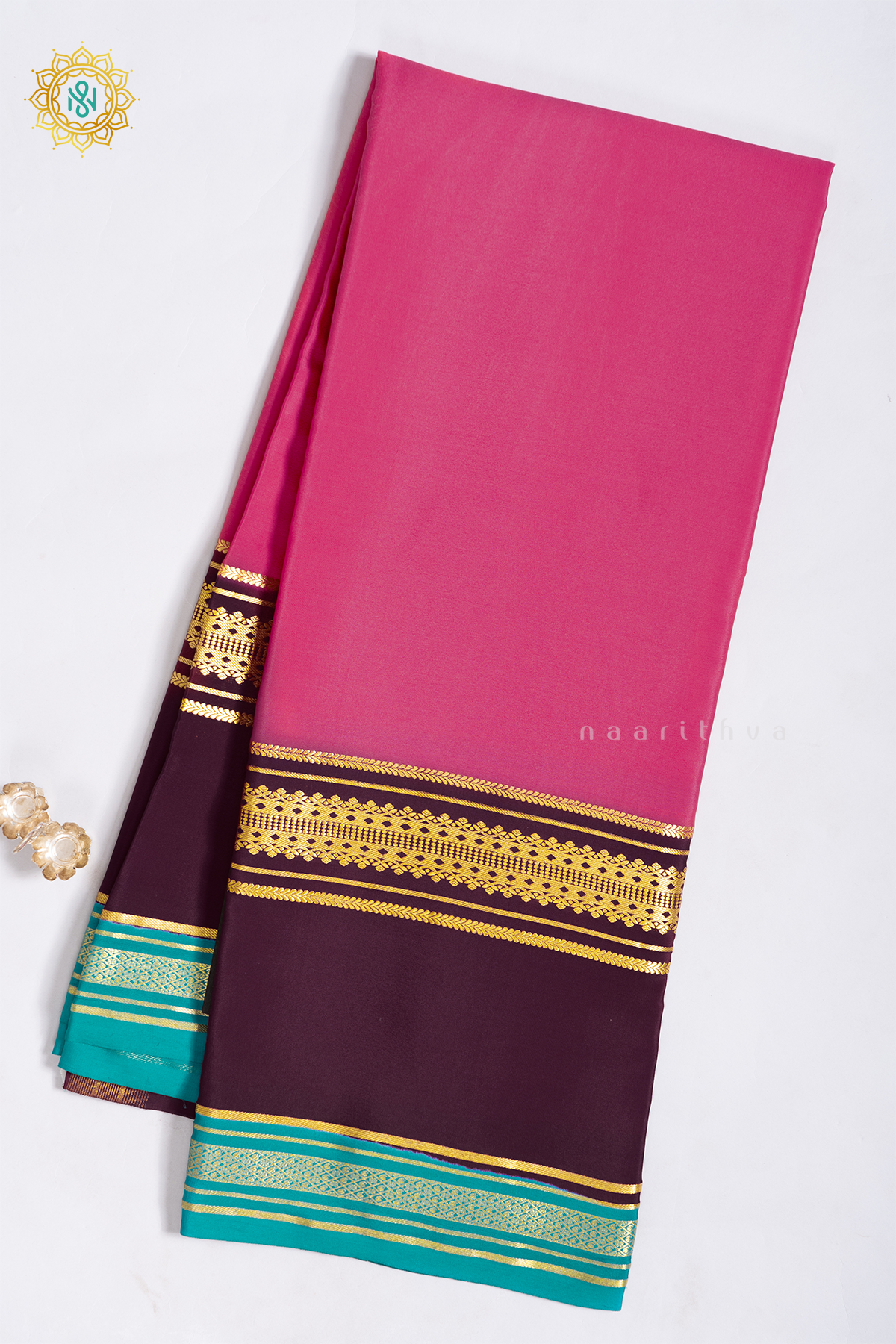 PEACHISH PINK WITH DEEP WINE & AQUA BLUE - PURE MYSORE CREPE SILK