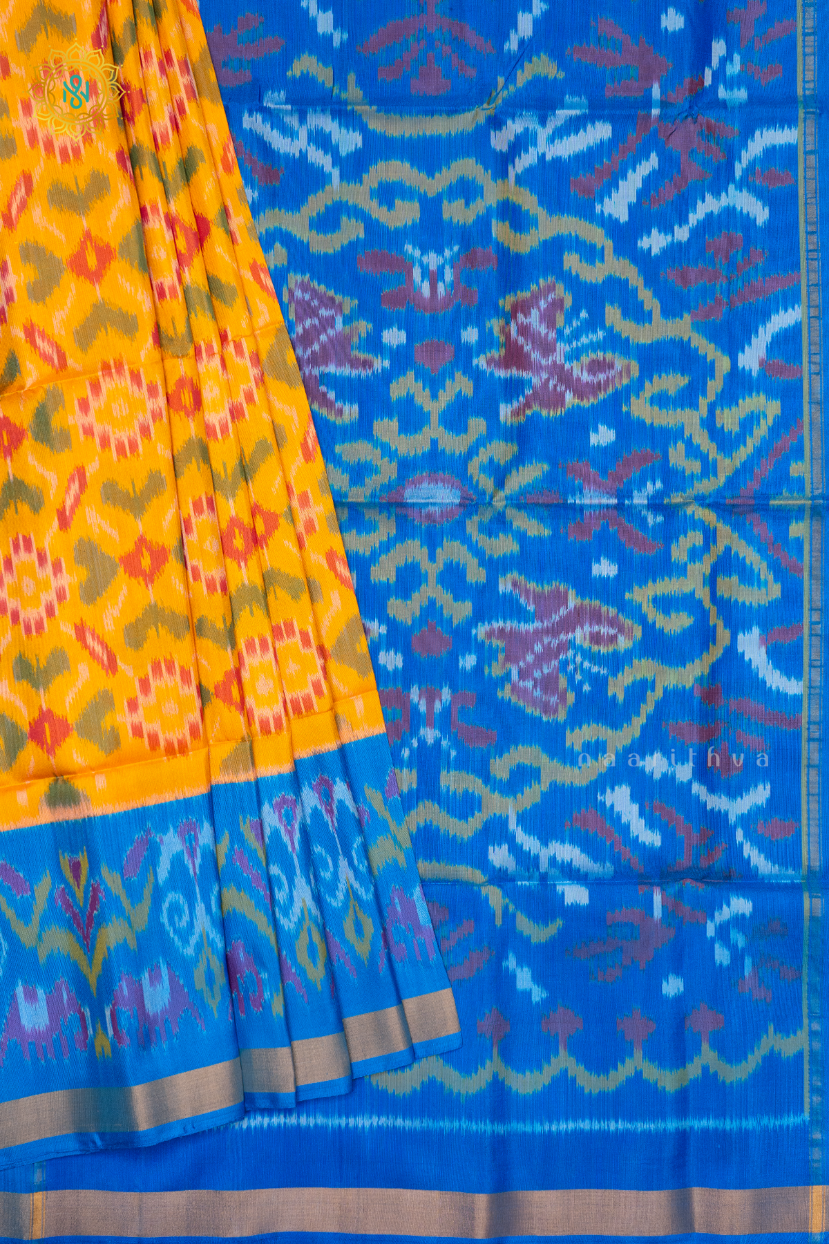 YELLOW WITH SKY BLUE - PURE KANJIVARAM IKAT SOFT SILK