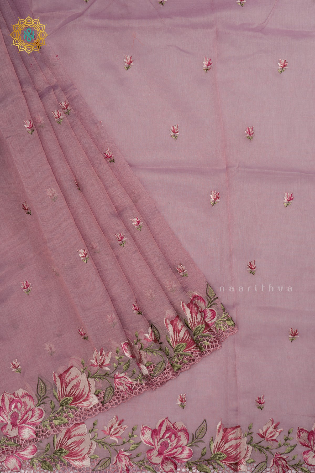 Lavender Organza Tissue Saree Allover Embroidery Buttas with Cutwork and Embroidery Border