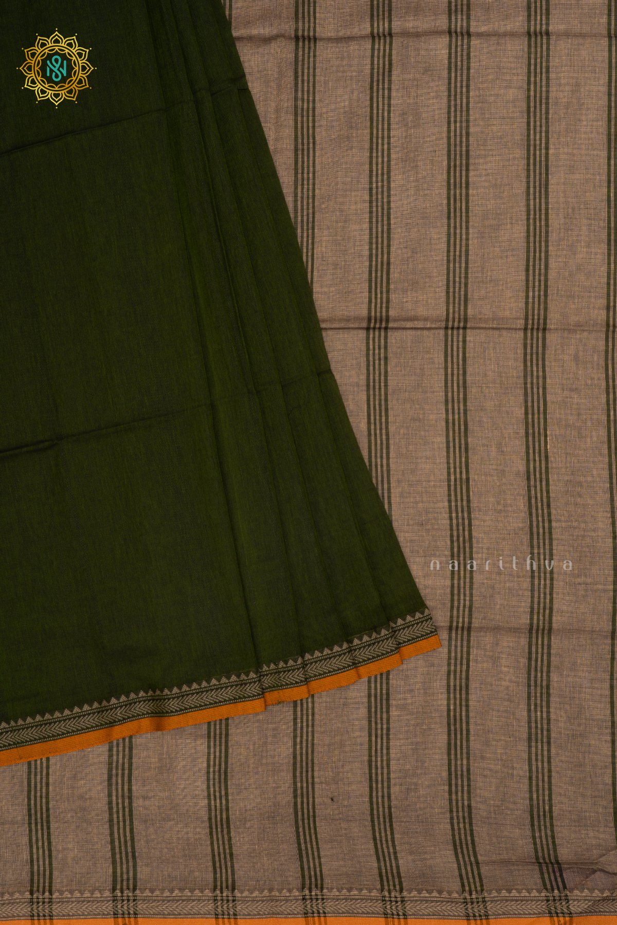 Olive Green With Beige Mul Cotton Plain Body With Thread Woven Border