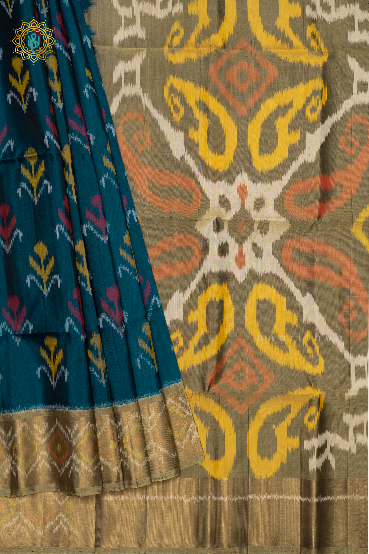 PEACOCK BLUE WITH OLIVE GREEN - PURE KANJIVARAM IKAT SOFT SILK