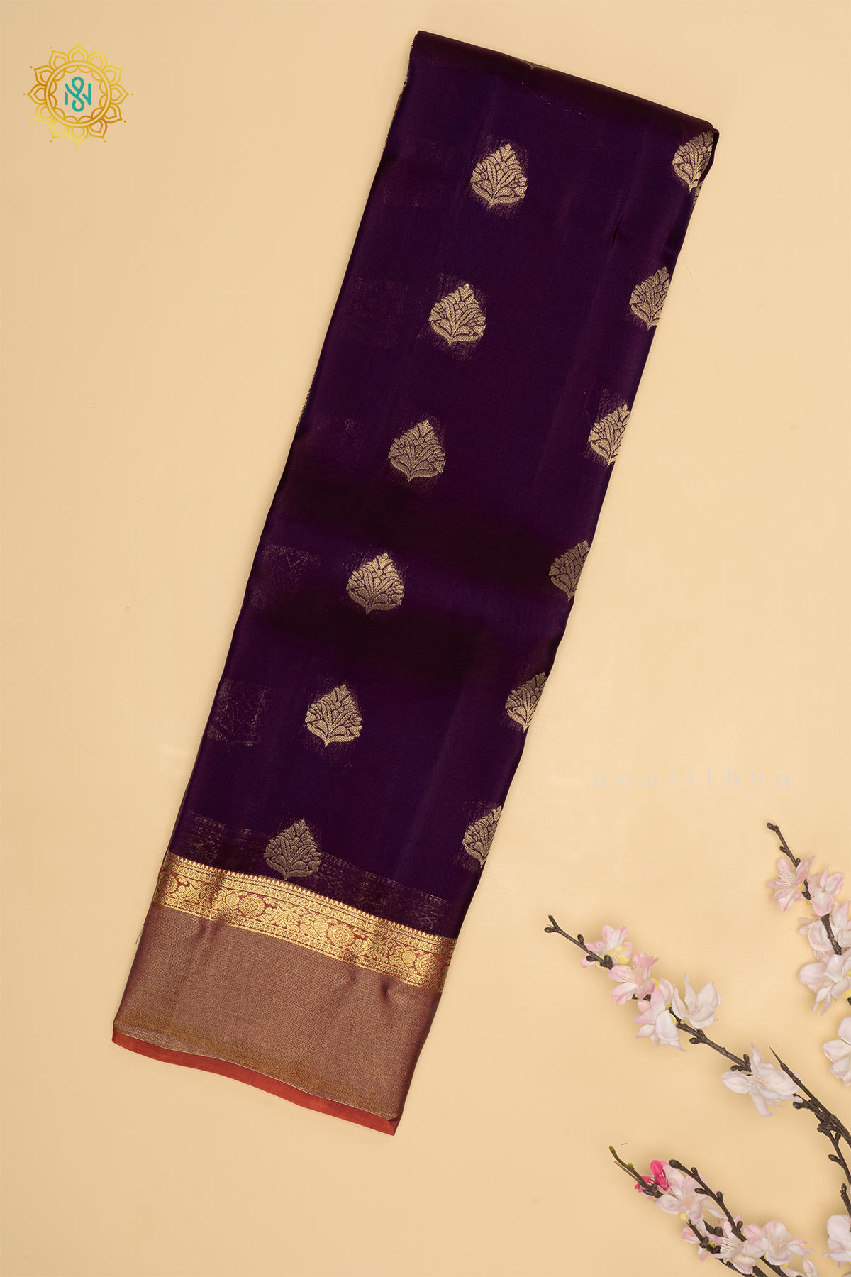 Purple with Orange Pure Mix Kanjivaram Silk Saree with Zari Woven Buttas and Contrast Zari Woven Border With Contrast Pallu & Blouse