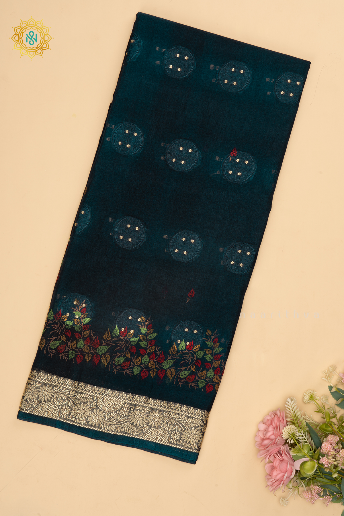 Navy Blue Semi Georgette Saree With Printed Body And Zari Border