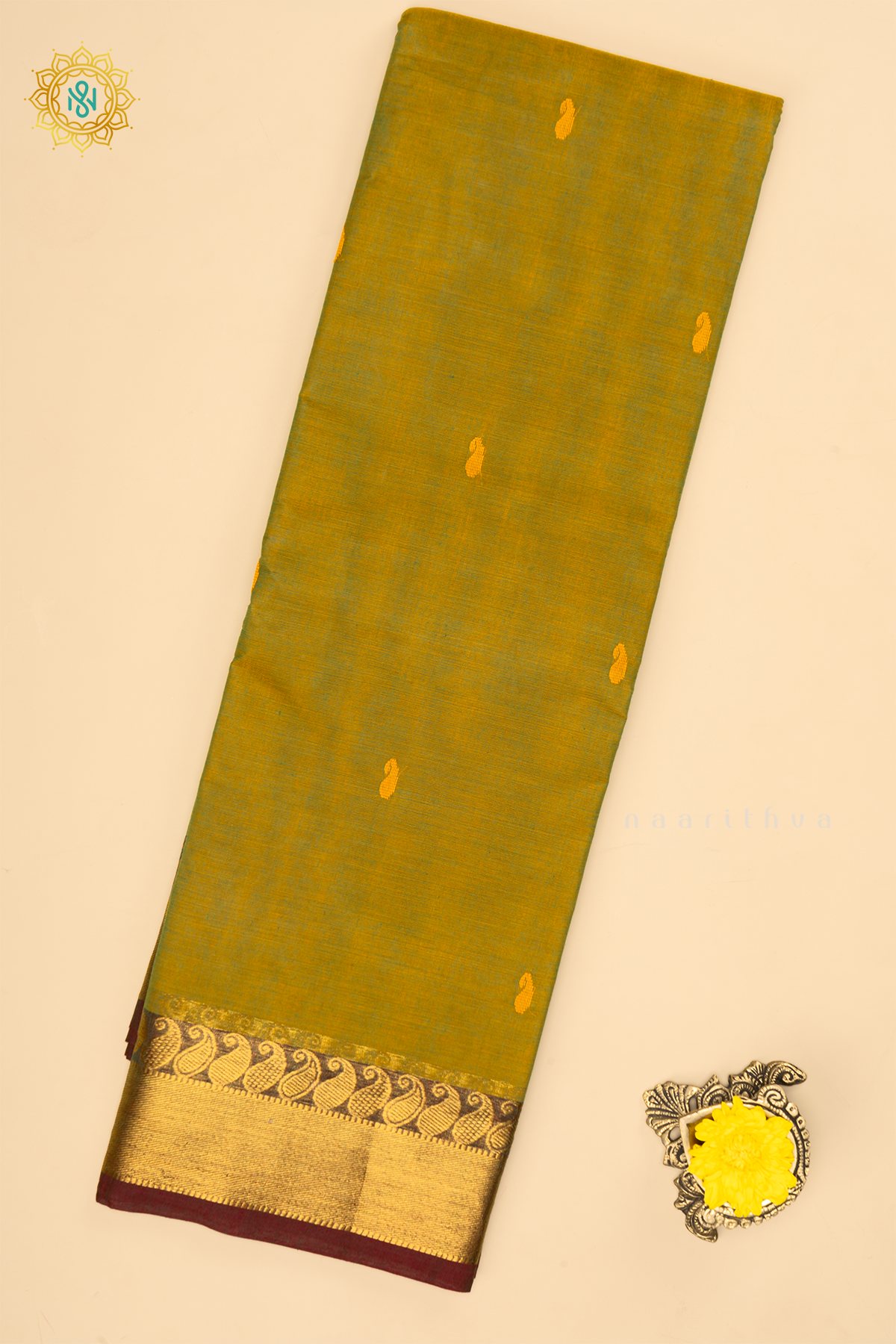 Dual Shade Of Green With Maroon - Chettinad Cotton Saree Allover Thread Woven Buttas With Contrast Zari Border