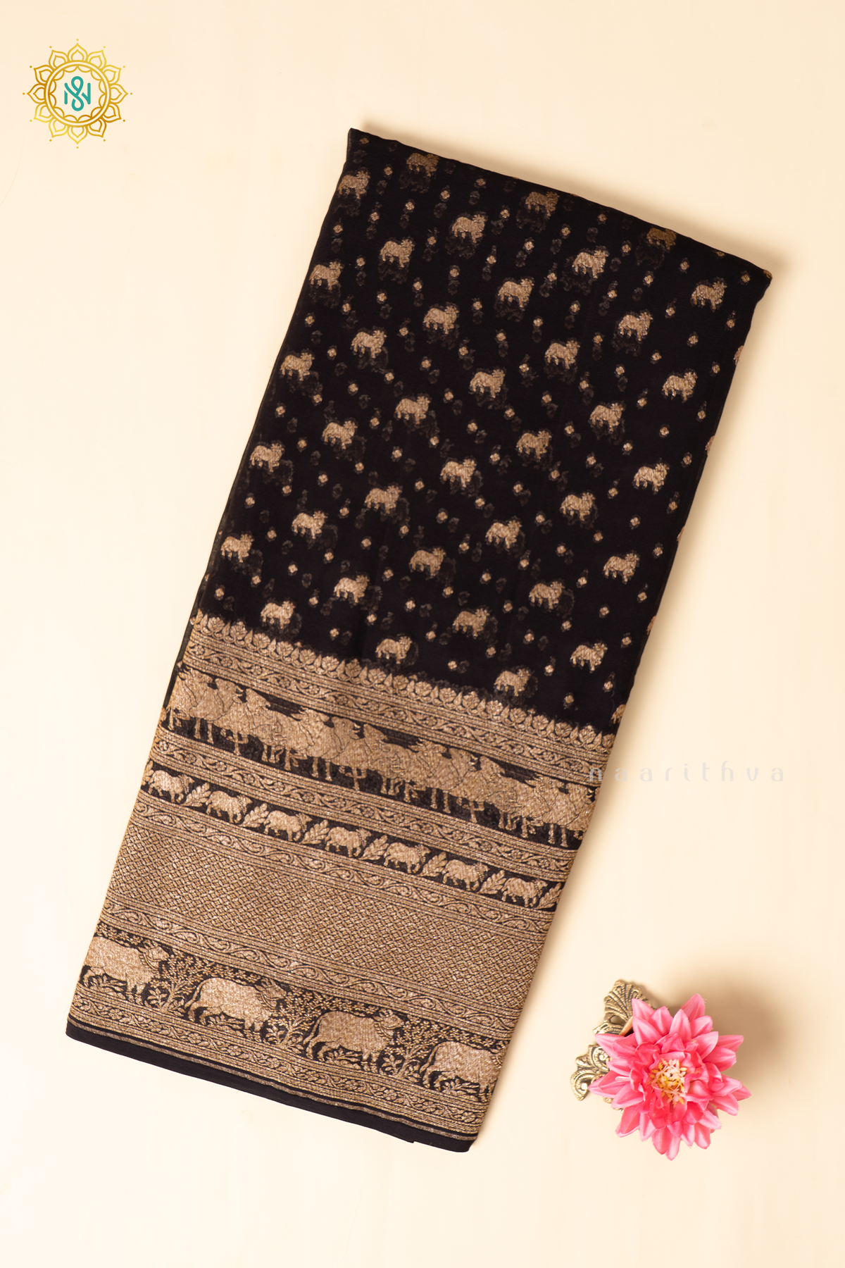 Black Pure Banarasi Khaddi Georgette Allover Antique Zari Buttas On The Body With Contrast Zari Border & Pallu
