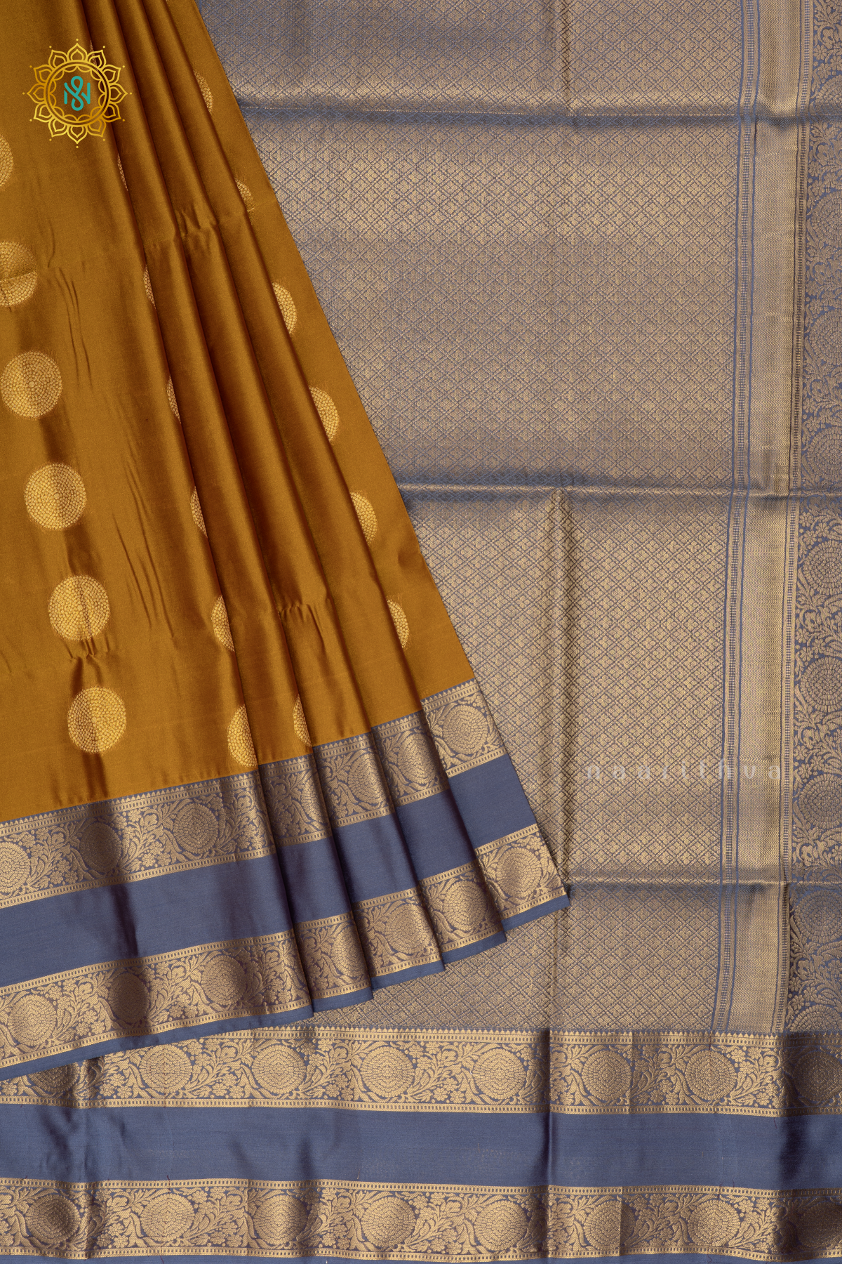 LEMON YELLOW WITH GREYISH BLUE - SEMI SOFT SILK SAREE ALLOVER ZARI BUTTAS AND CONTRAST GAP BORDER