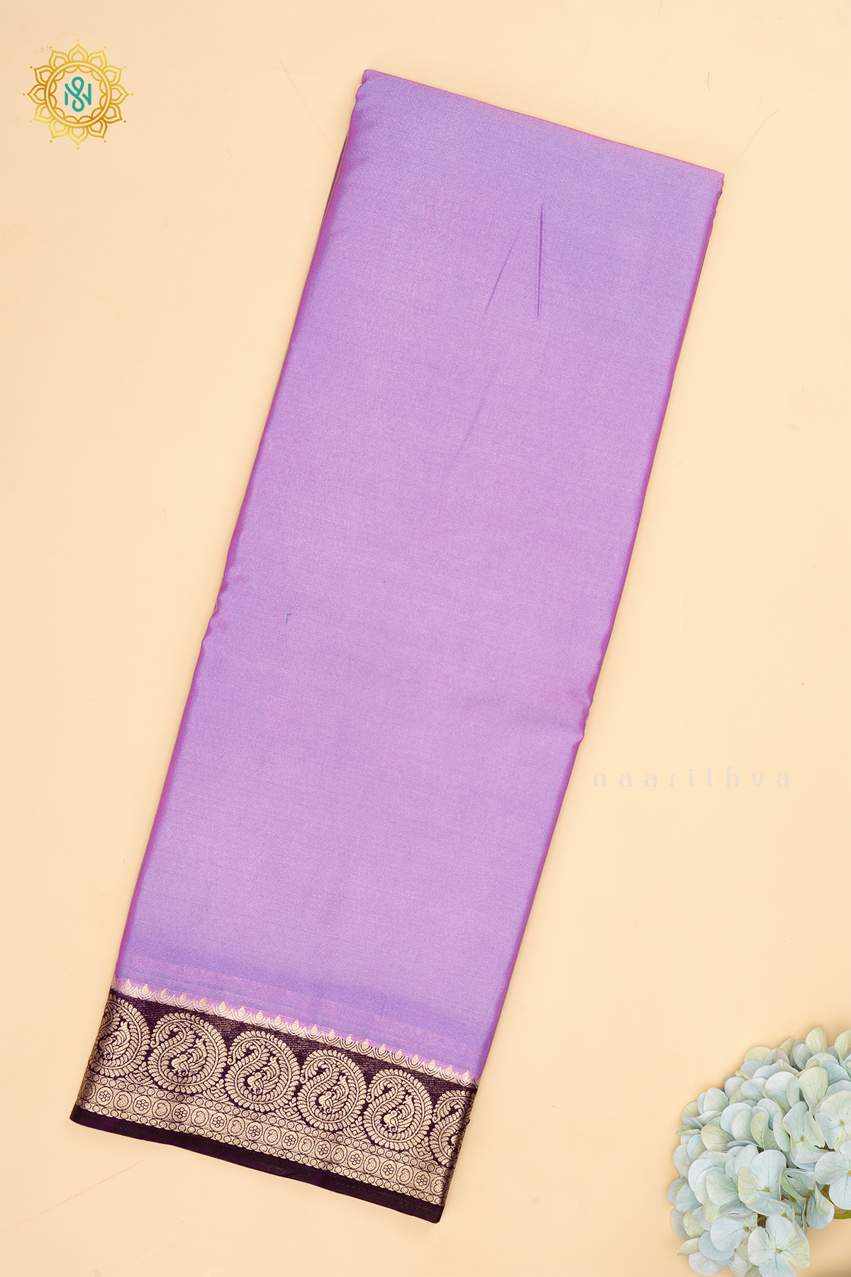 Lavender With Deep Purple Semi Mysore Crepe Saree With Plain Body And Contrast Mango Zari Border