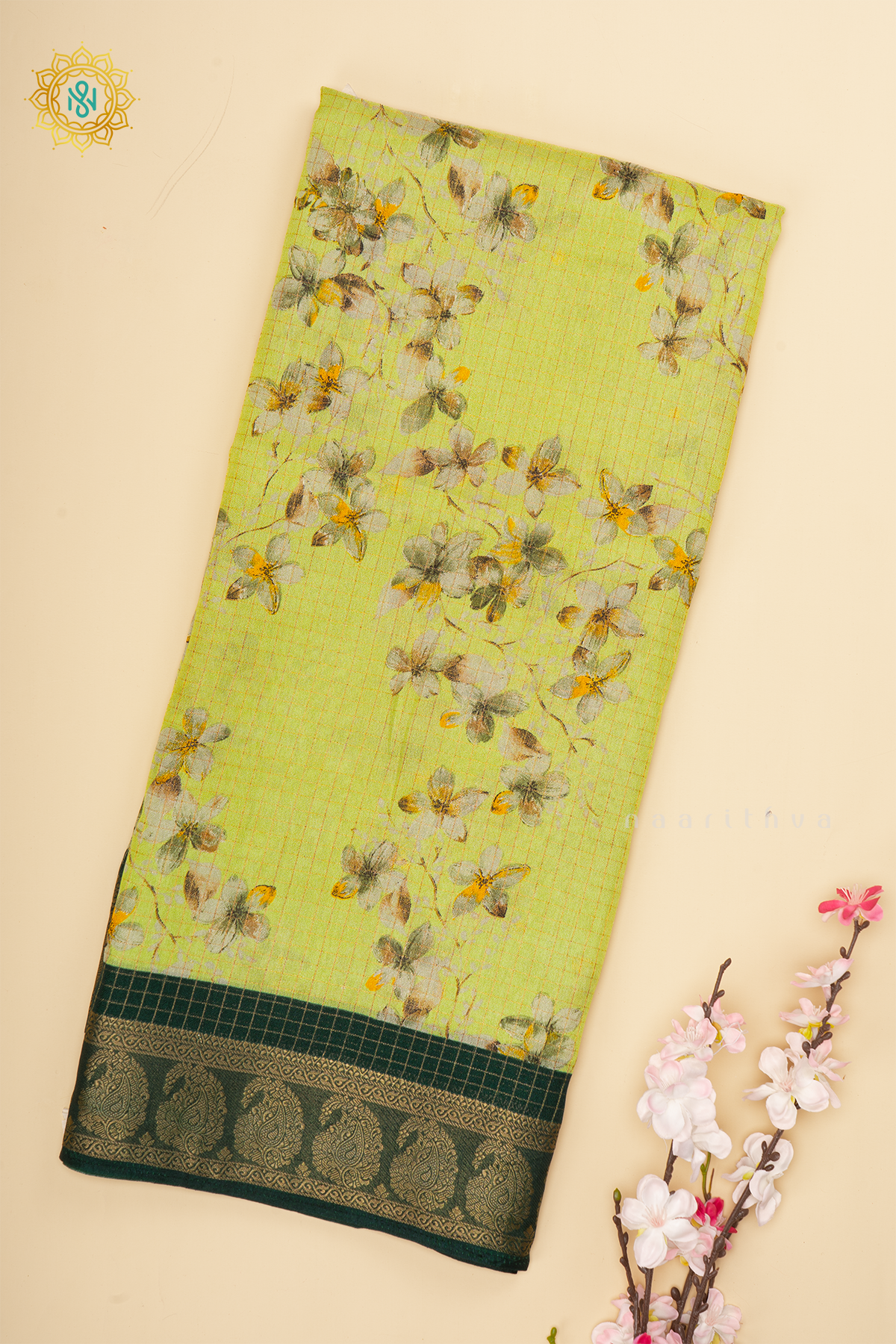 LIGHT GREEN WITH BOTTLE GREEN - SEMI CHIFFON GEORGETTE
