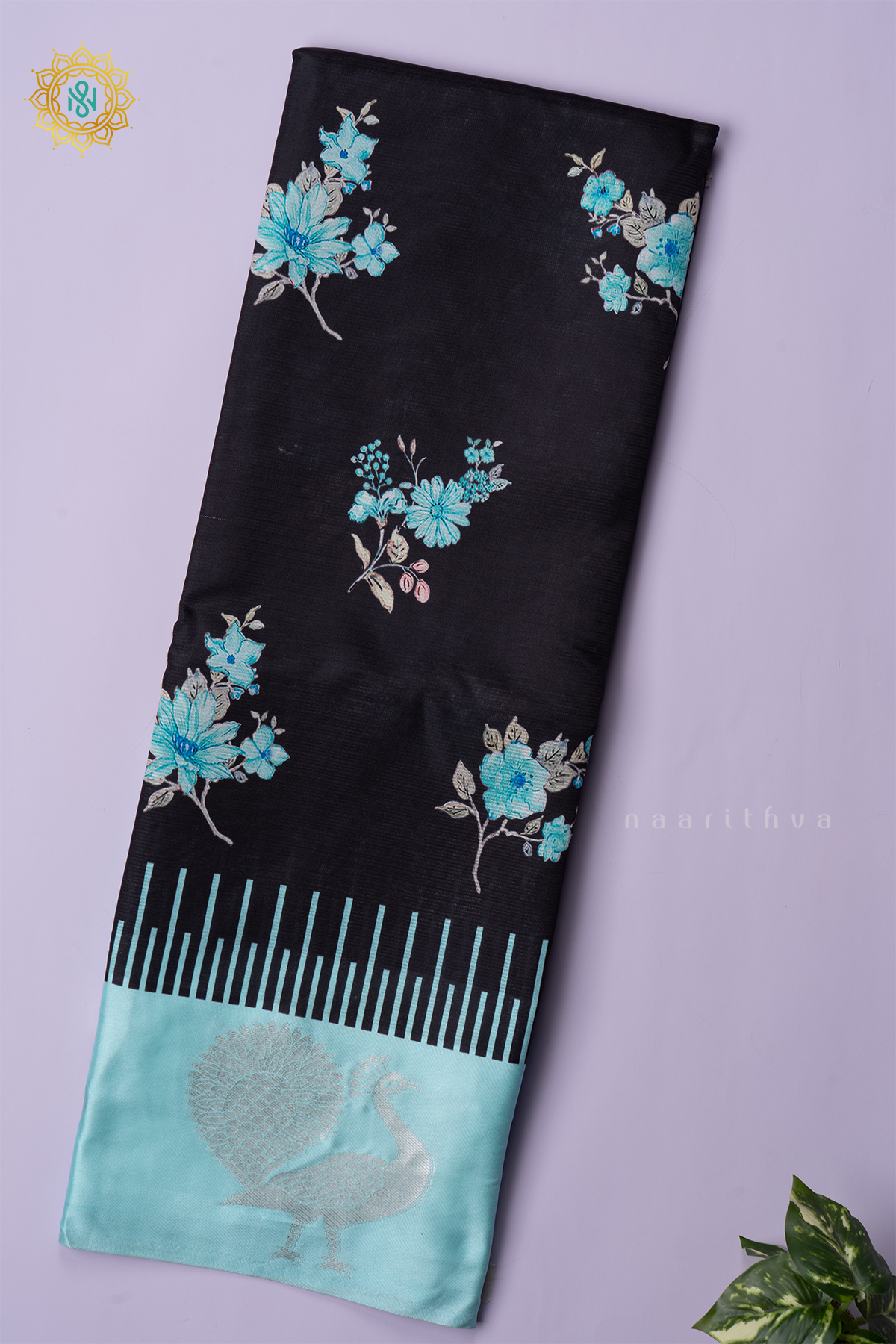 BLACK WITH AQUA BLUE - SEMI CREPE SILK