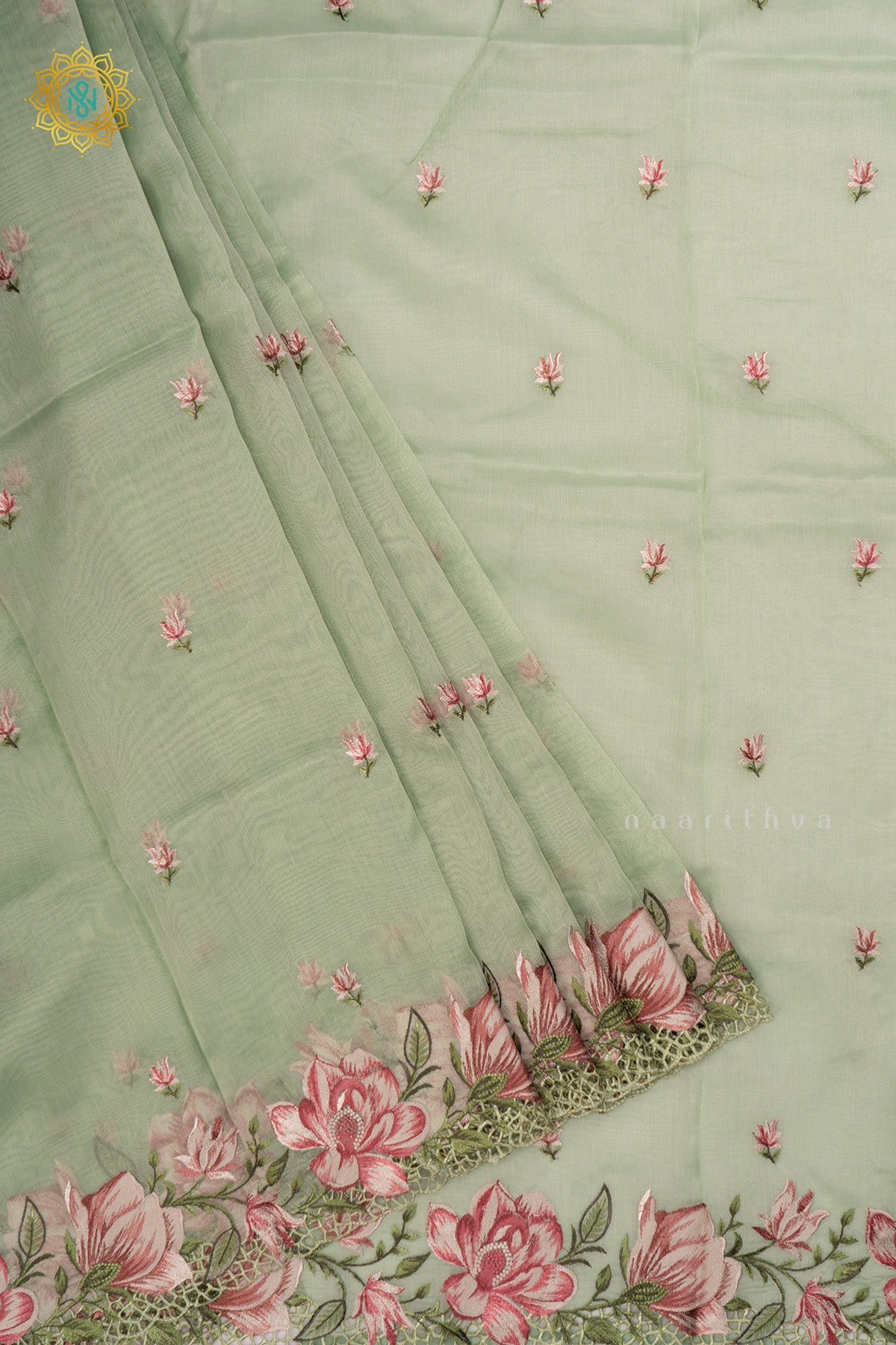 Light Green Organza Tissue Saree Allover Embroidery Buttas with Cutwork and Embroidery Border