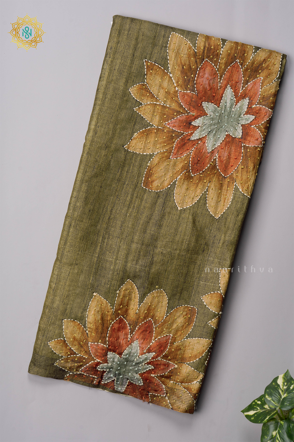 OLIVE GREEN - KOTHA TUSSAR WITH KATHA WORK