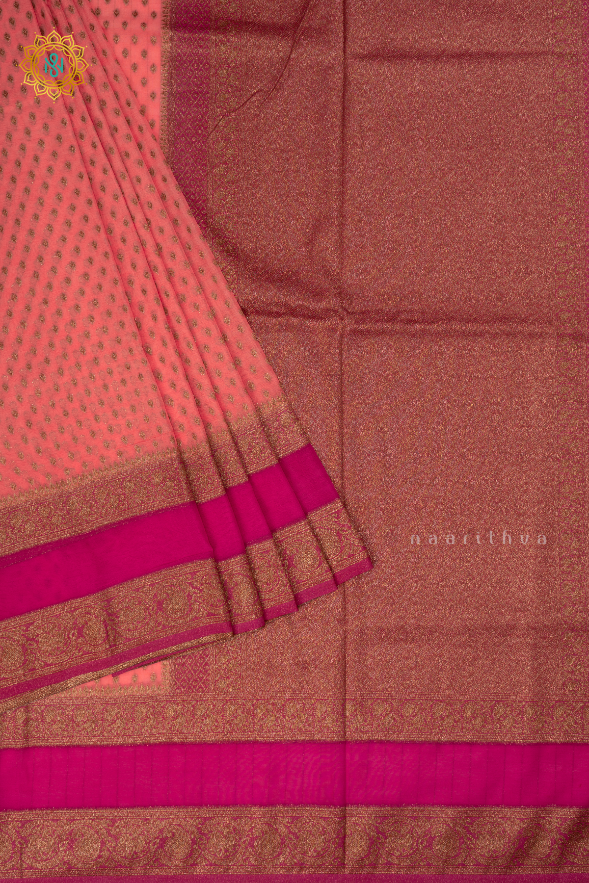Peach With Pink Semi Georgette Saree Saree With Zari Buttas All Over And Contrast Zari Gap Border