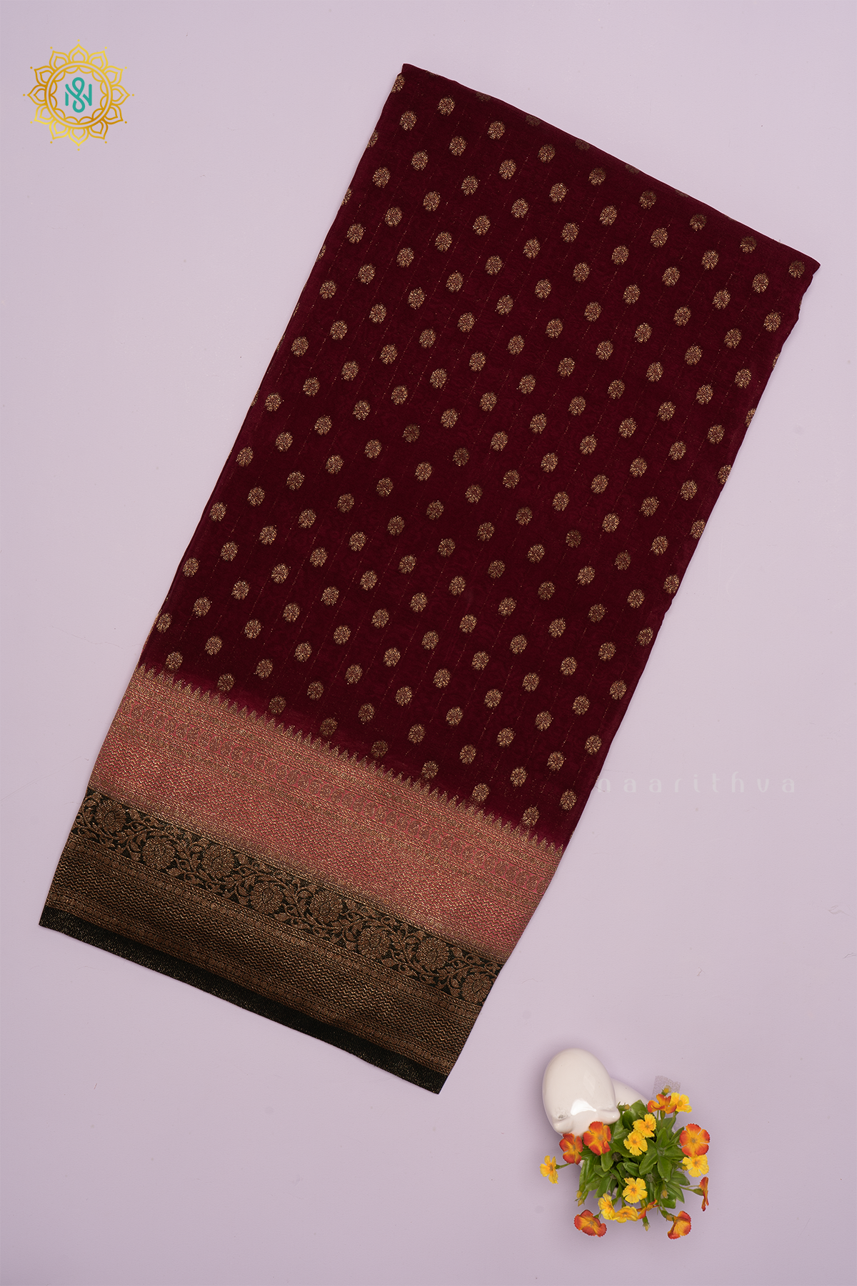 Wine With Pink And Green - Semi Crepe Silk
