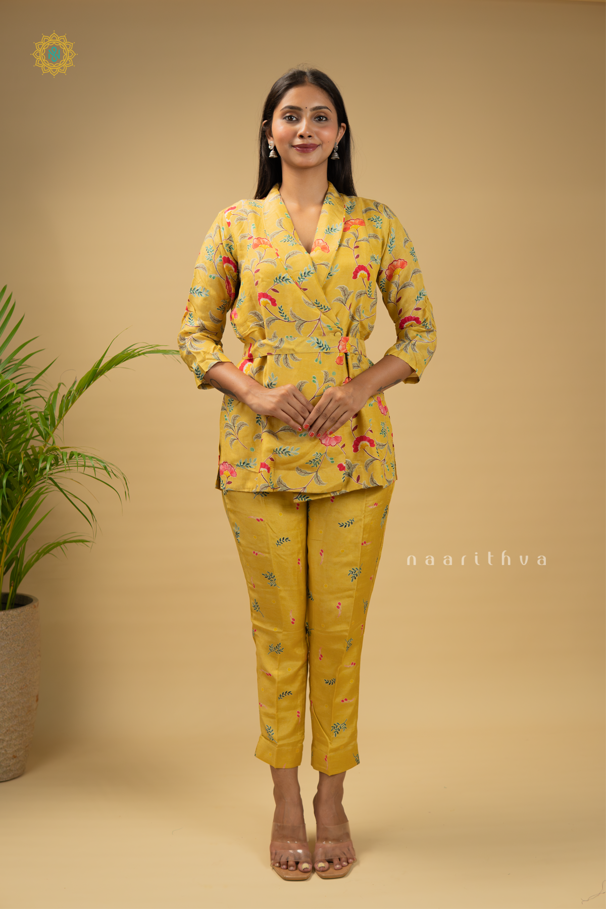 YELLOW - CREPE 2PC CO-ORD SET WITH FLORAL PRINTED TOP & BOTTOM