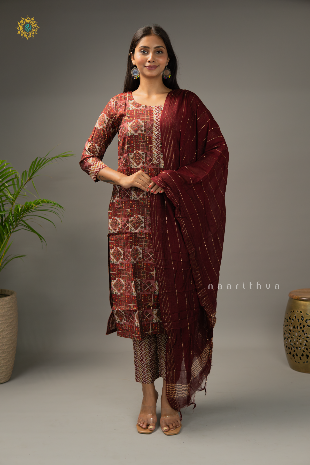 MAROON - RAYON 3PC SALWAR SUIT WITH PRINTED TOP, BOTTOM & DUPATTA