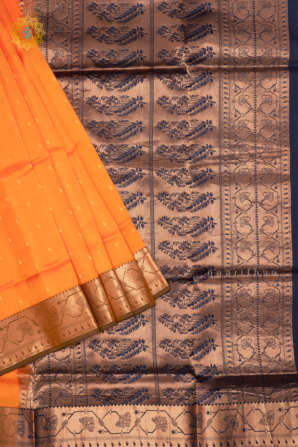 Dual Shade of Yellow and Orange with Navy Blue Pure Mix Kanjivaram Soft Silk Saree with All-Over Zari Buttas and a Contrast Zari Border