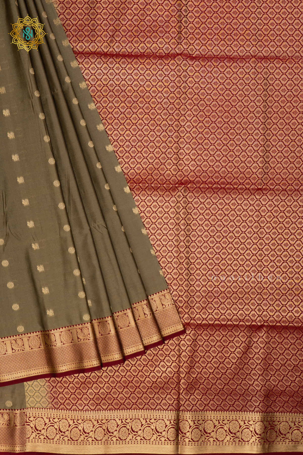 Sage Green With Maroon Semi Soft Silk Saree Allover Zari Buttas And Contrast Zari Border