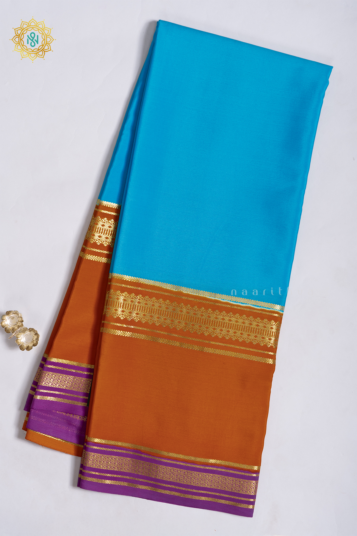 SKY BLUE WITH ORANGE & MAGENTA - PURE MYSORE CREPE SILK