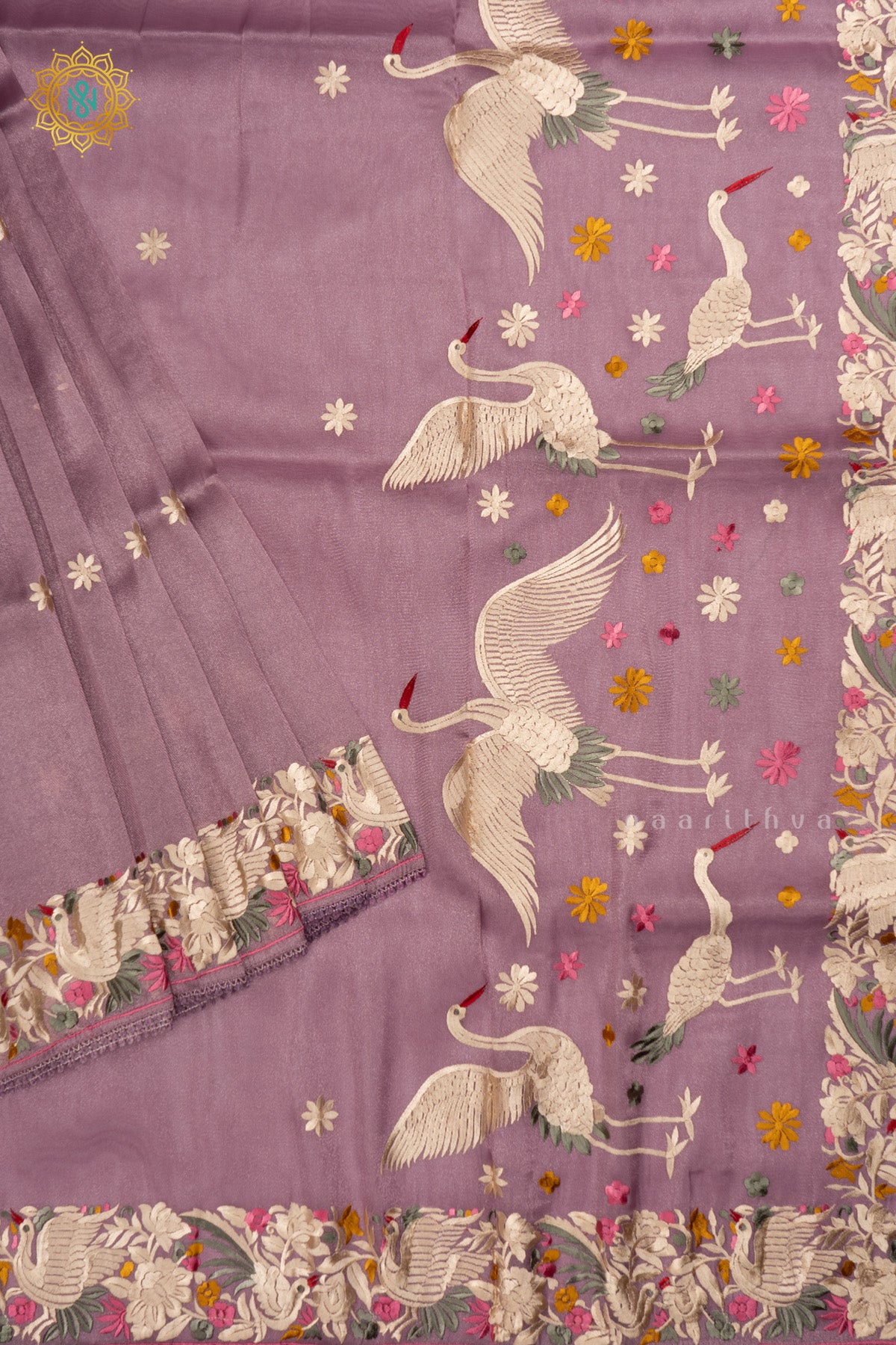 Lavender Tissue Organza Saree All Over Hand Embroidery Buttas with Hand Embroidery Border