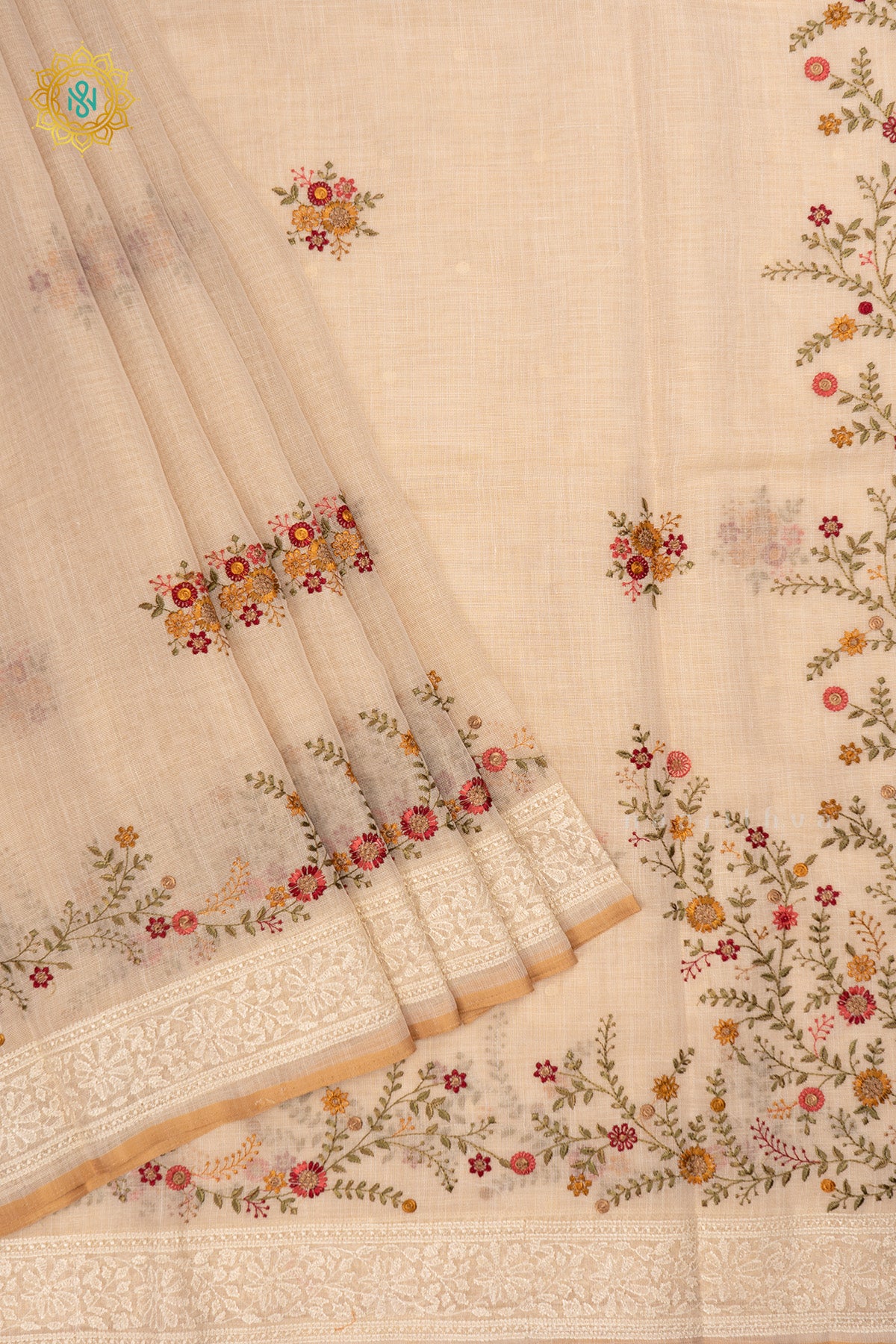Off white Linen Tissue Saree with All-Over Embroidered Buttas on the Body, Featuring an Embroidery Border and Pallu