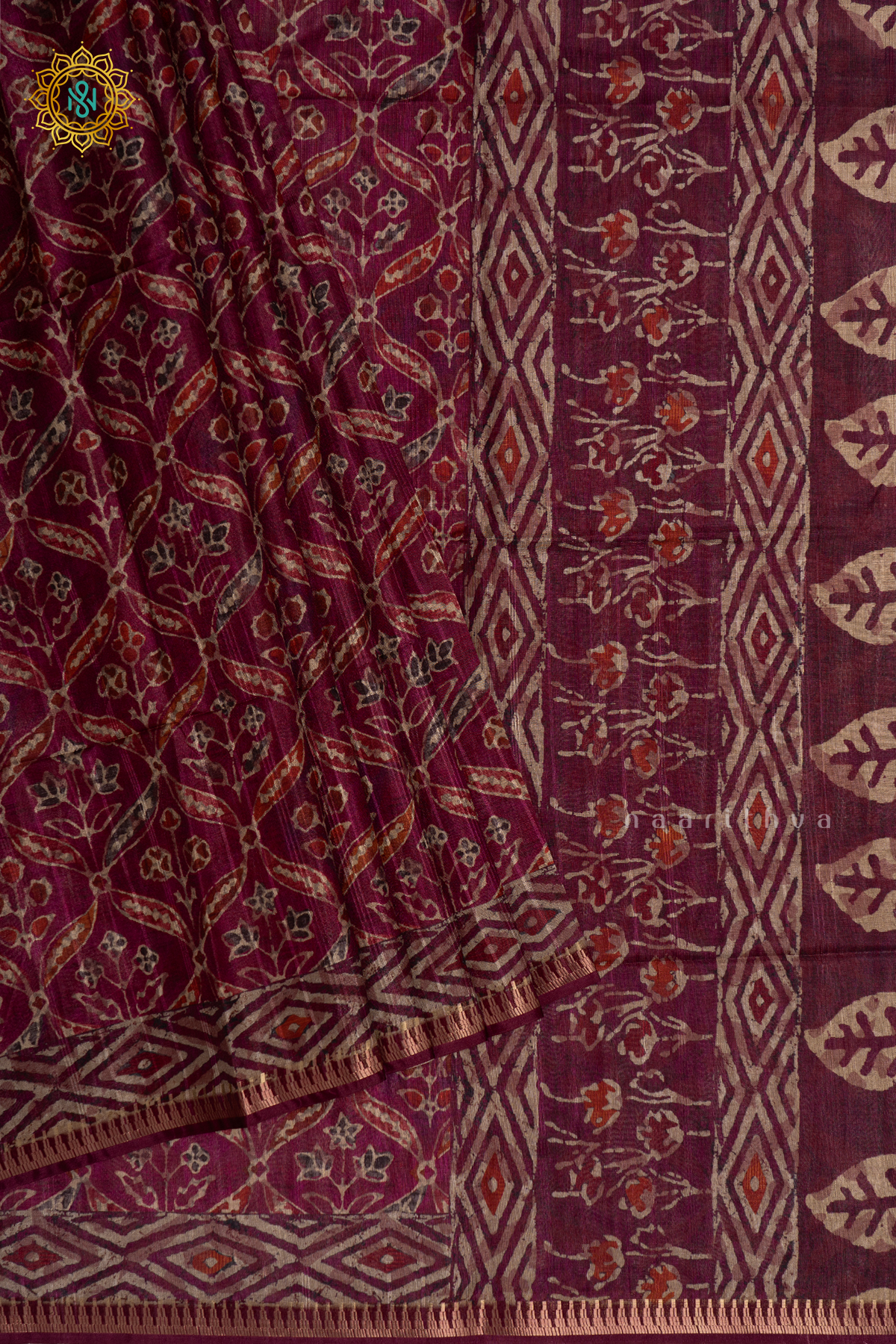 Magenta Semi Tussar Silk Saree With Printed Body And Temple Rising Border