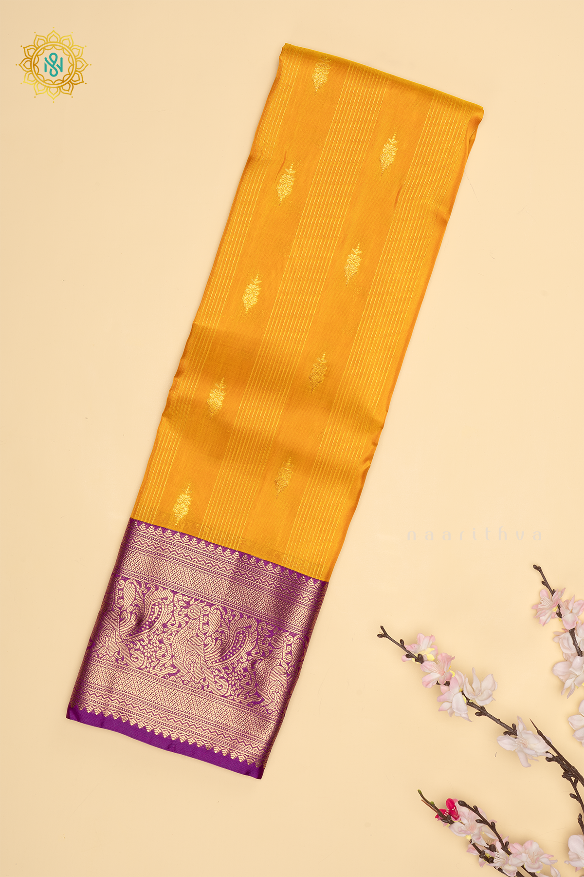 Yellow with Magenta Pure Mix Kanjivaram Silk Saree with Zari Woven Stripes, Buttas and Zari Woven Contrast Border