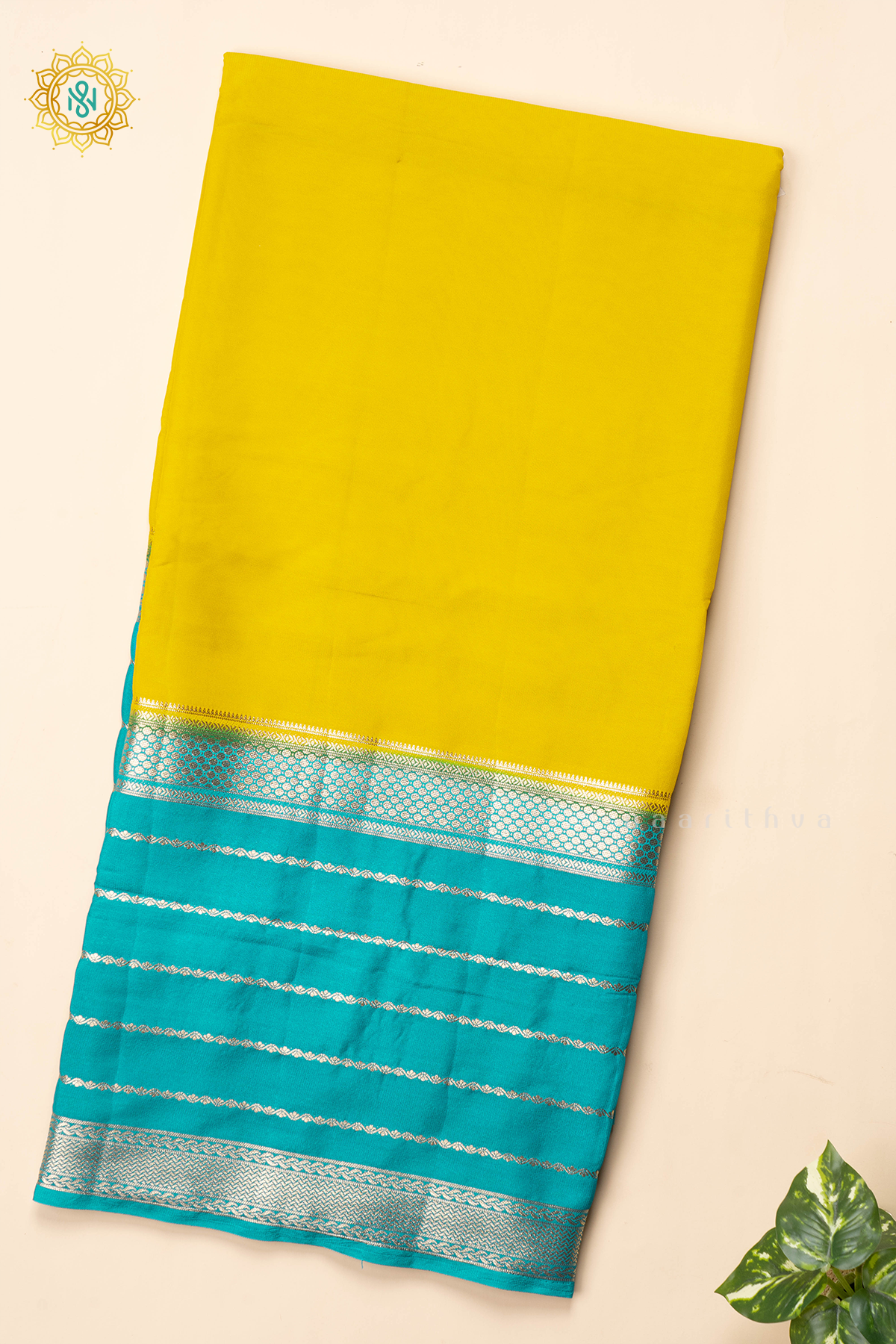 YELLOW WITH CYAN GREEN - SEMI MYSORE CREPE SILK