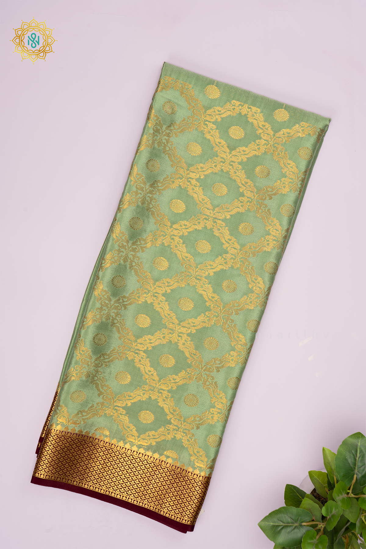 PISTA GREEN WITH WINE - PURE MYSORE CREPE SILK