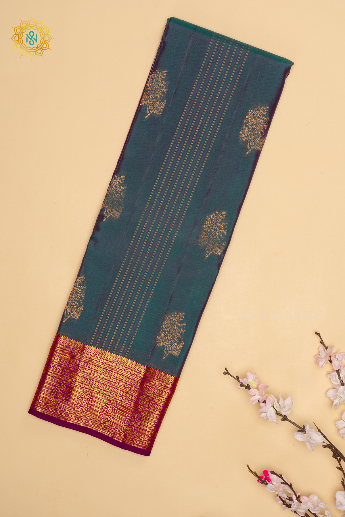Dual Shade of Peacock Blue With Wine Pure Mix Kanjivaram Silk Saree with Zari Woven Stripes, Buttas and Zari Woven Contrast Border