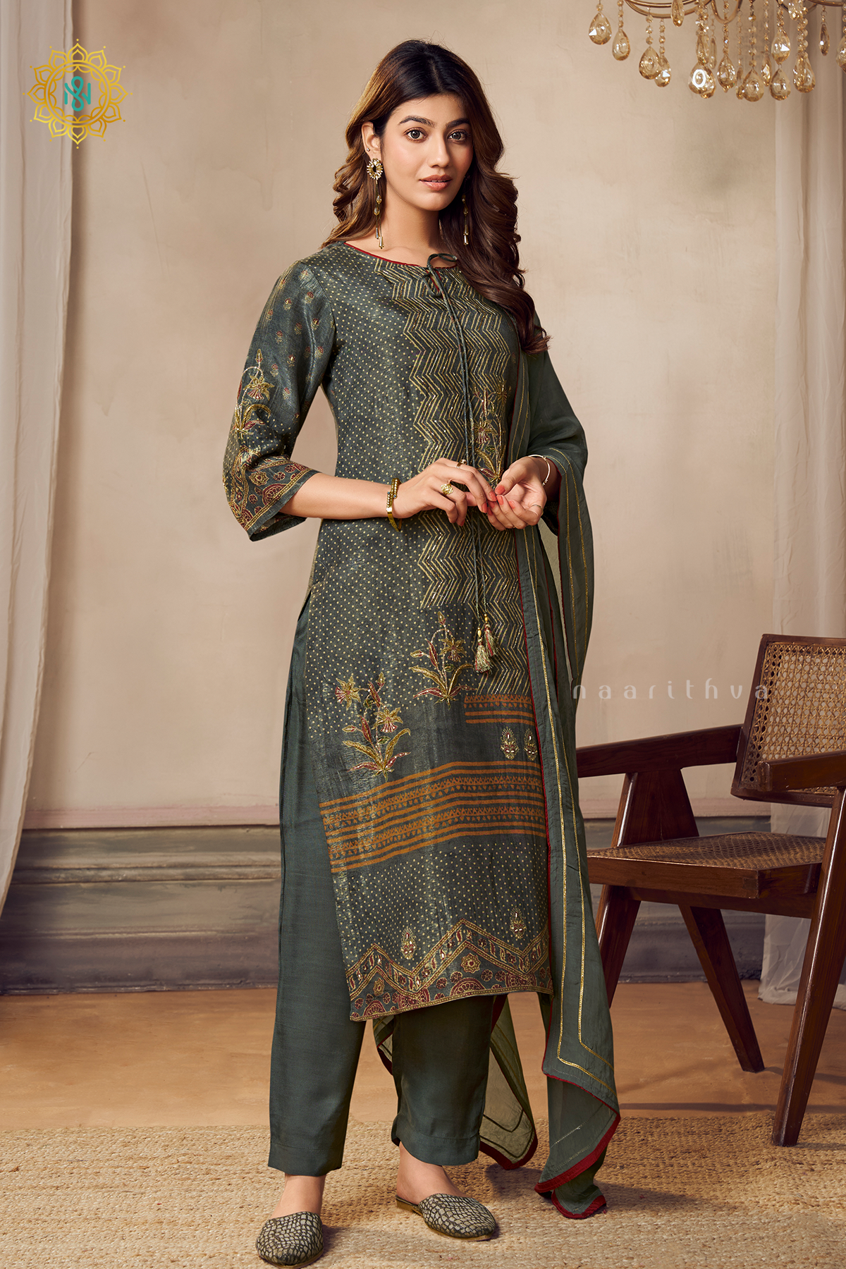 OLIVE GREEN - CREPE 3PC SALWAR SUIT WITH TOP, BOTTOM & DUPATTA