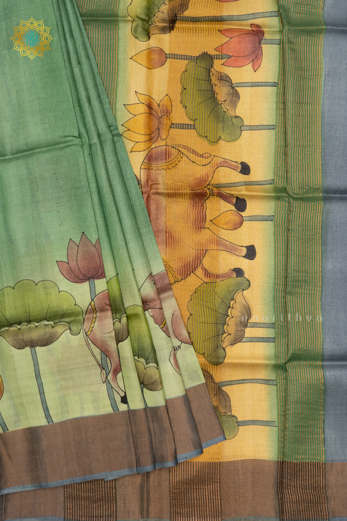 GREEN WITH GREY - PURE TUSSAR SILK